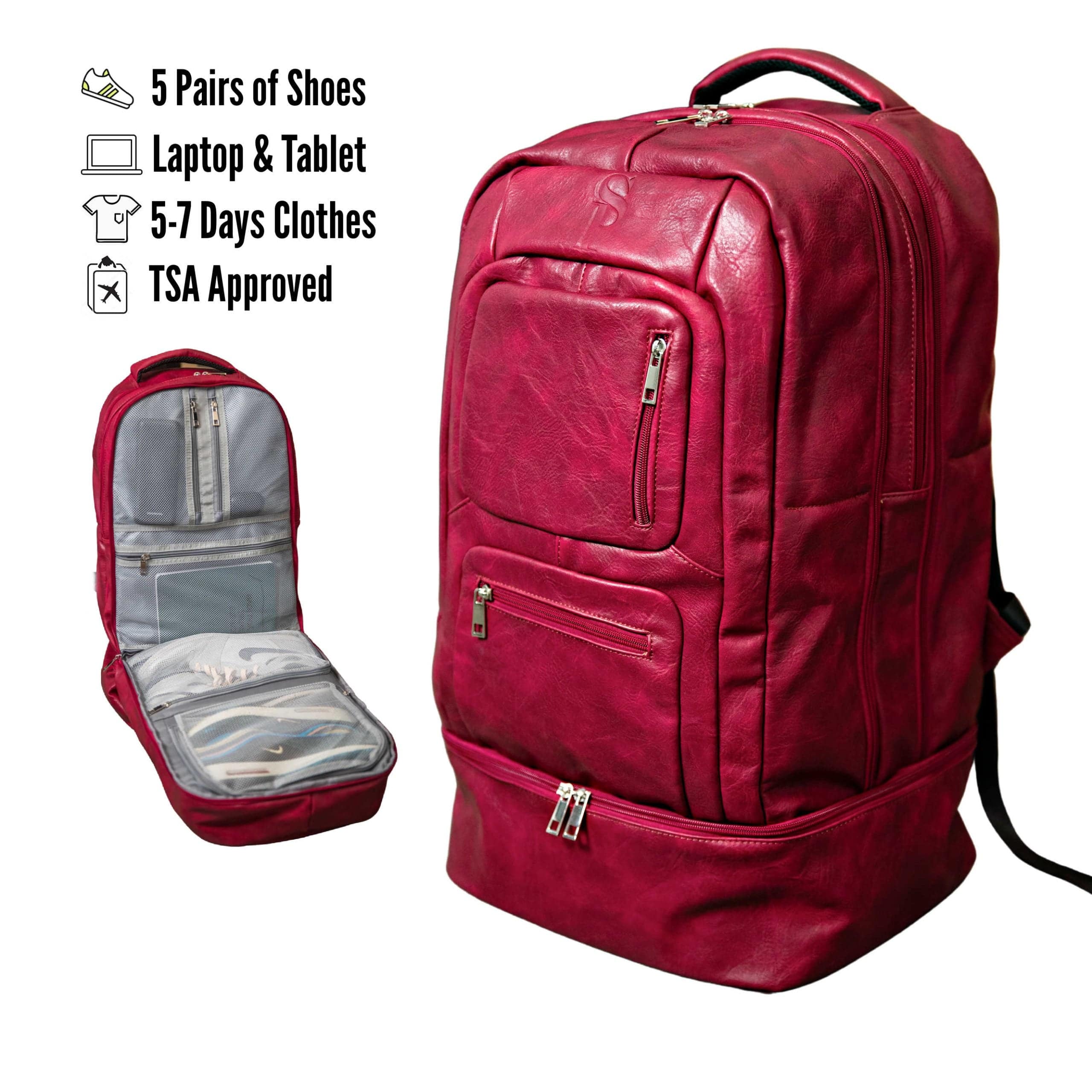 Premium Maroon Leather Carry-On Backpack - Patented Signature Design for Travel & Business - Perfect for Airplane, Commute & Weekend Getaways