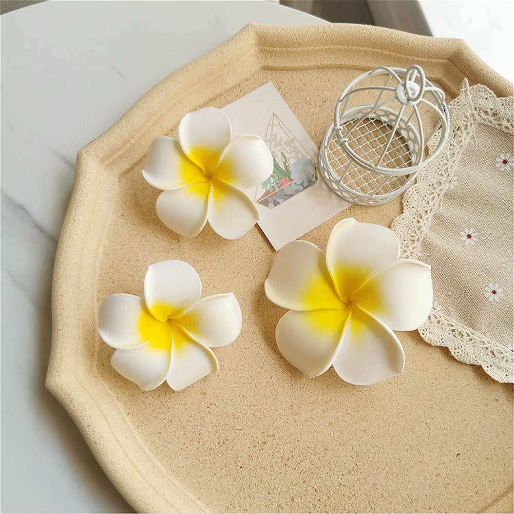 12 PCS Women's Hawaiian Plumeria Flower Hair Clips - Floral Hairpins for Beach, Wedding, Party & Vacation - Yellow Foam Hair Accessories for Summer, Bridal, Boho & Tropical Styles