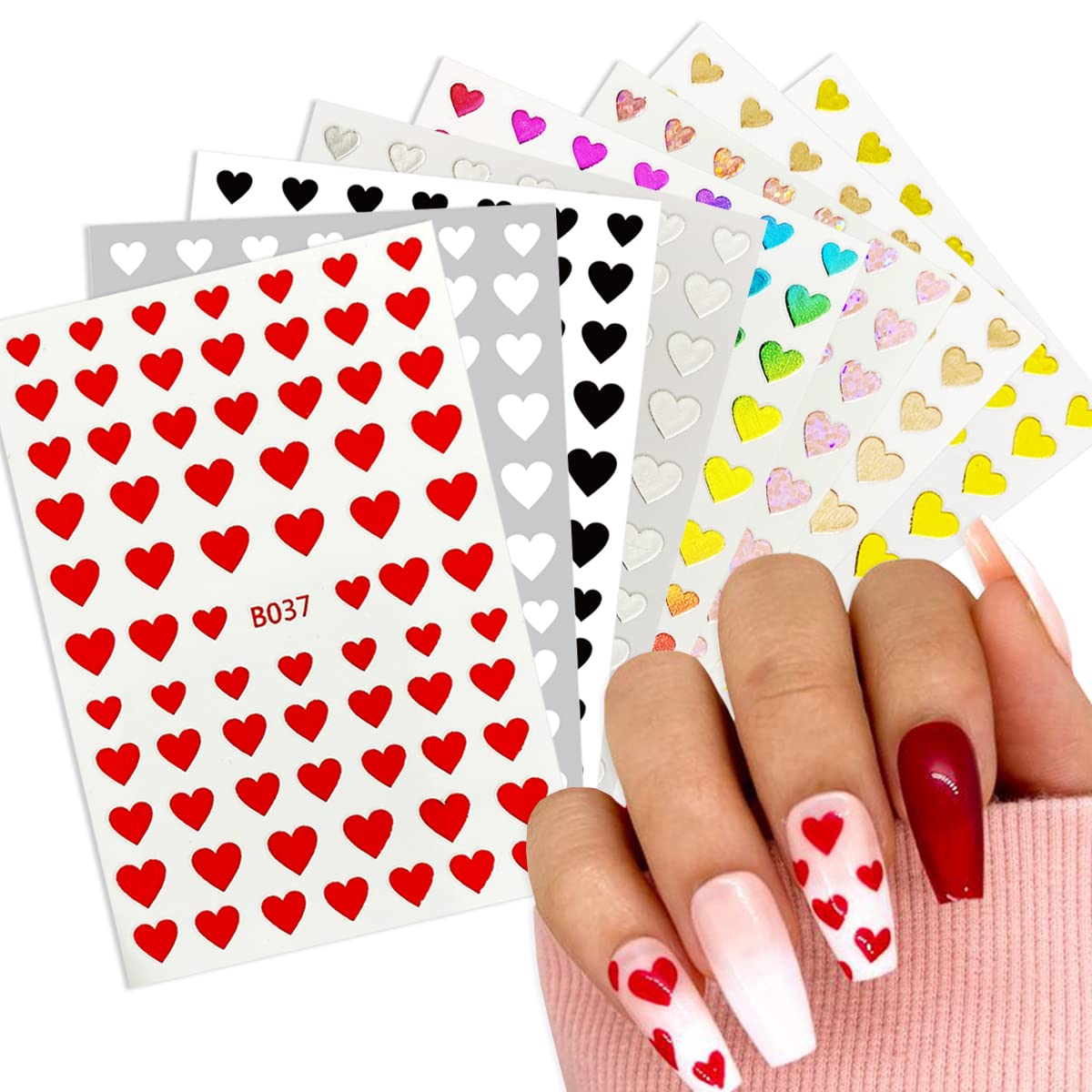 8 Sheets Heart Love Nail Art Stickers - 3D Self-Adhesive Nail Decals for Women, Girls & Kids | DIY Manicure Tips, Charms & Nail Art Decorations | Perfect for Valentine's Day, Parties & Special Occasions