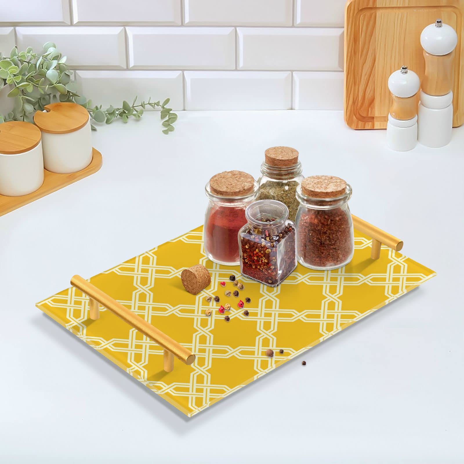 Handcrafted Moroccan Decorative Tray with Gold Handles - Vanity Organizer for Jewelry, Perfume & Makeup | Bathroom, Bedroom & Kitchen Storage Tray | Perfect for Coffee Table, Dresser & Home Decor