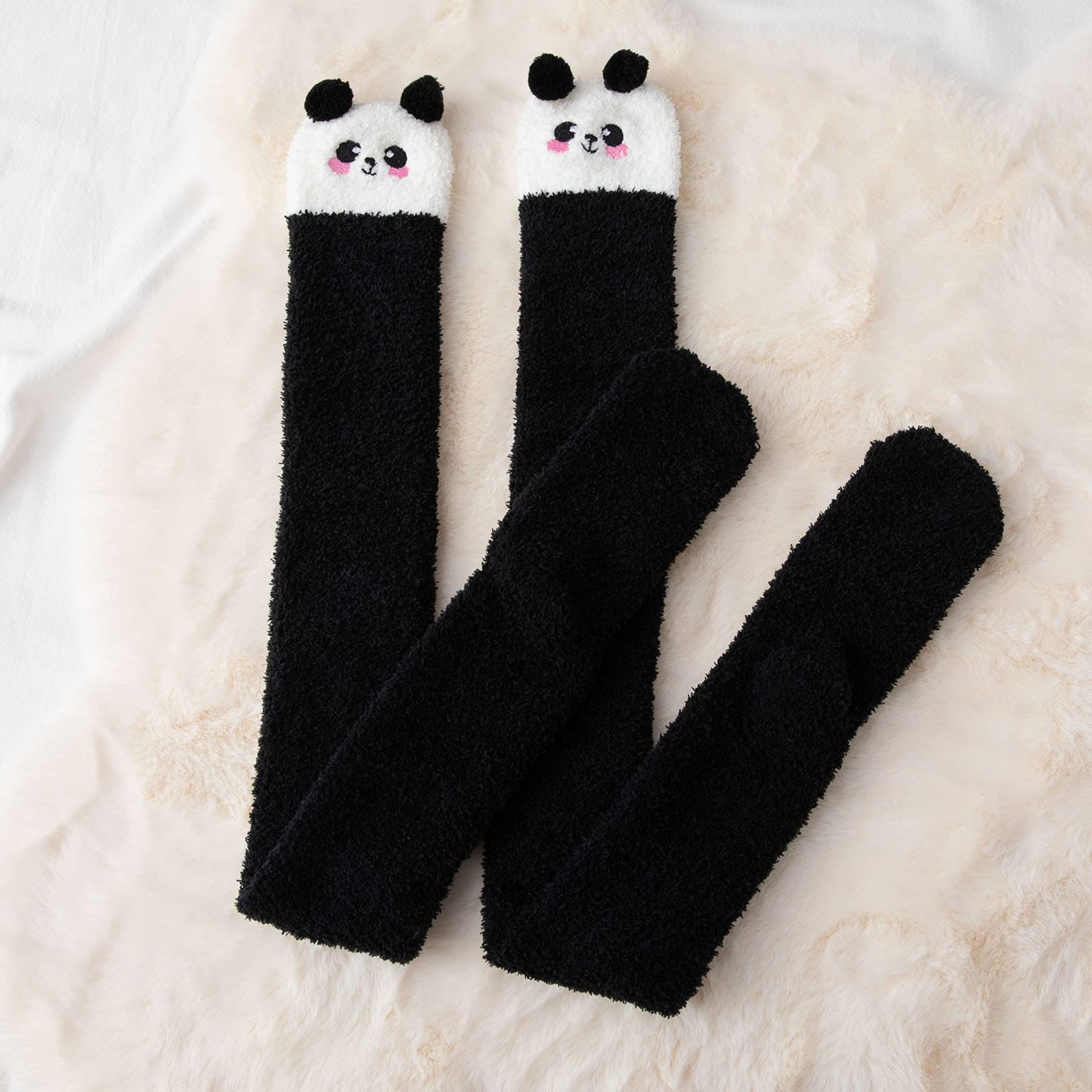 Bblulu Women's Cartoon Fuzzy Over Knee High Socks - Winter Warm Thigh High Boot Socks - Soft & Cozy Leg Warmers - Black One Size - Perfect for Cold Weather, Lounge Wear & Gift Giving