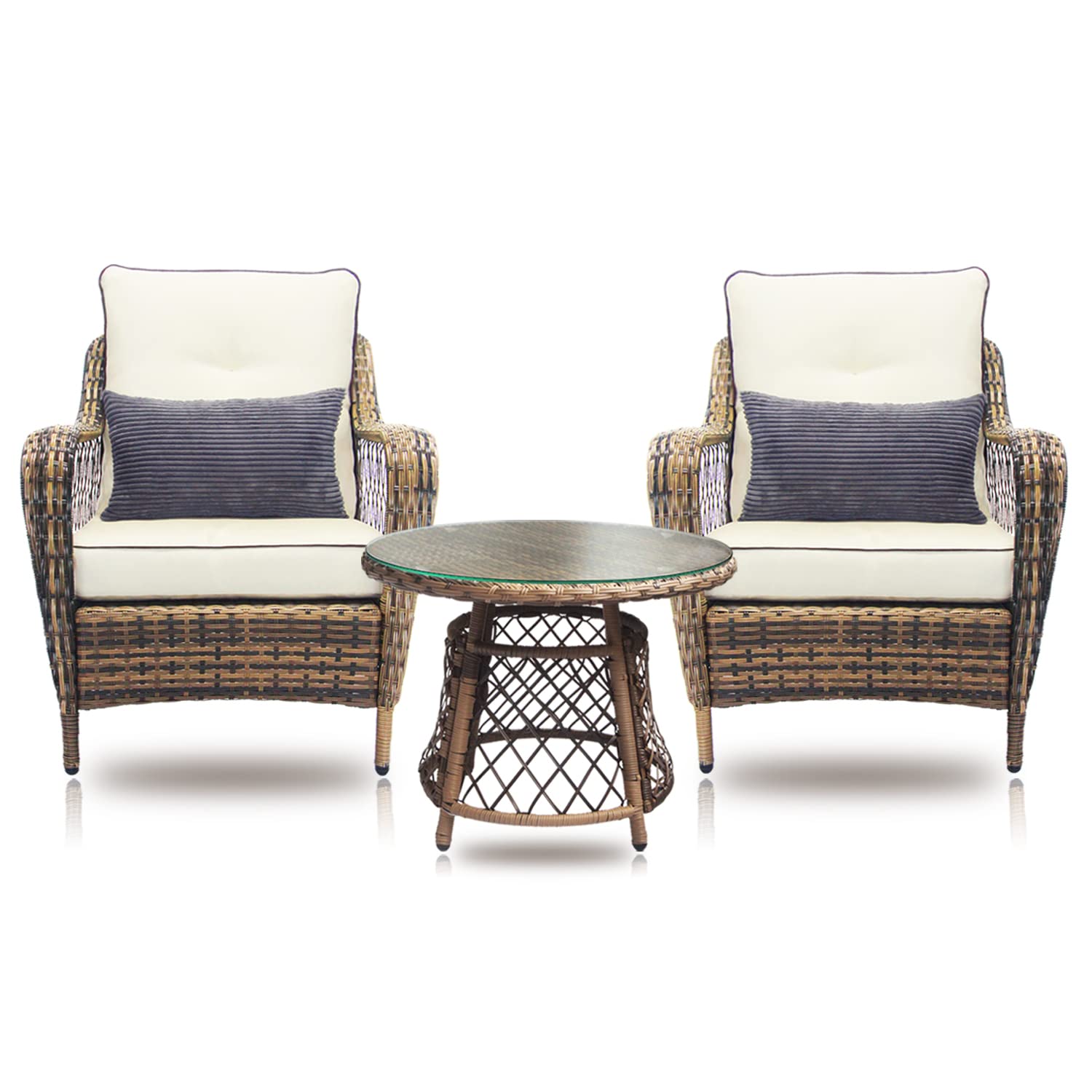 N&V 3-Piece Outdoor Bistro Set - Patio Conversation Furniture with Rattan Chairs & Table - Beige, Red, Green (Beige) - Perfect for Balcony, Garden, Poolside & Backyard Relaxation