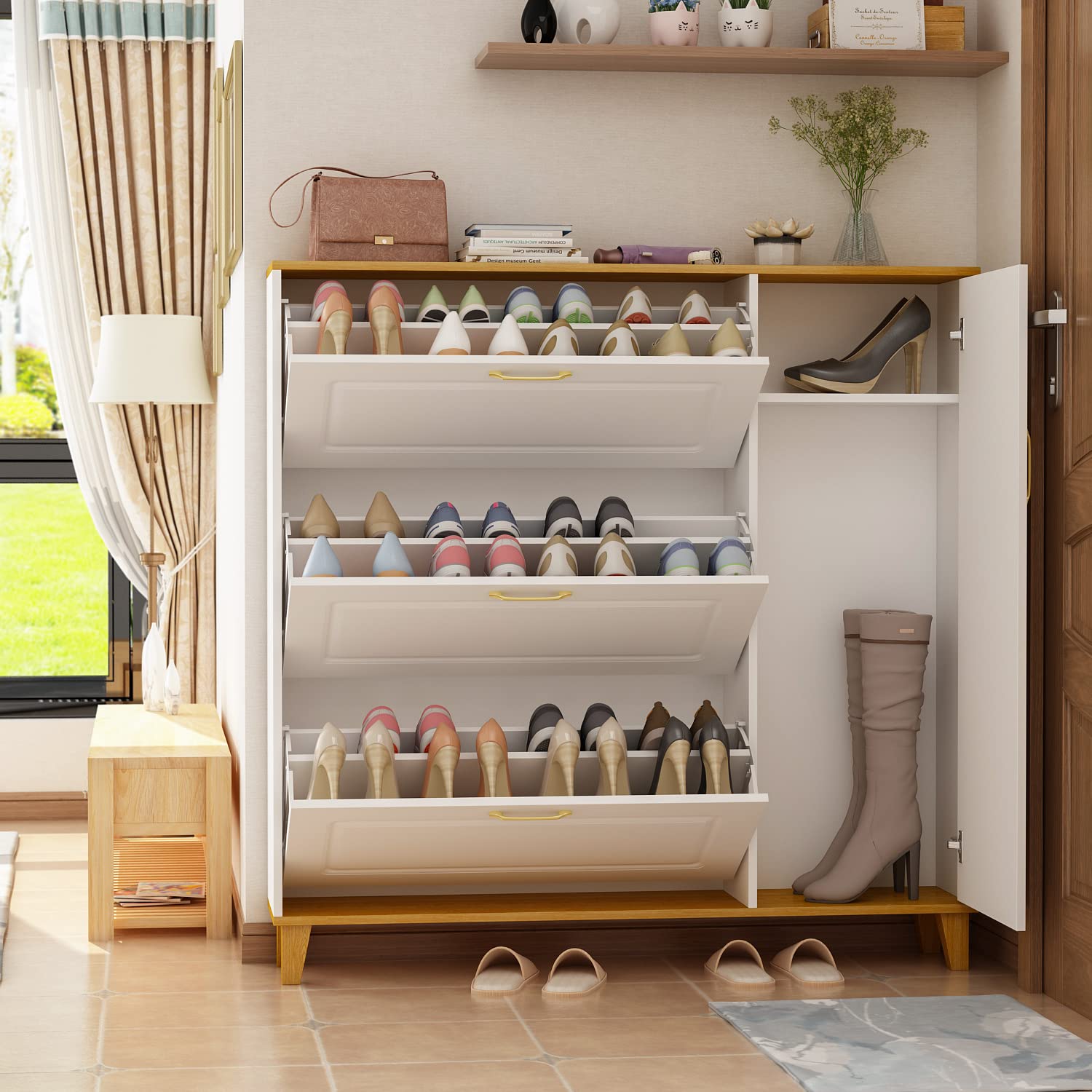 Modern Shoe Cabinet with 3 Flip Drawers & 1 Door - Freestanding Entryway Shoe Storage Organizer, White (47.2”W x 9.5”D x 47.2”H) - Perfect for Small Spaces, Apartments & Closet Organization