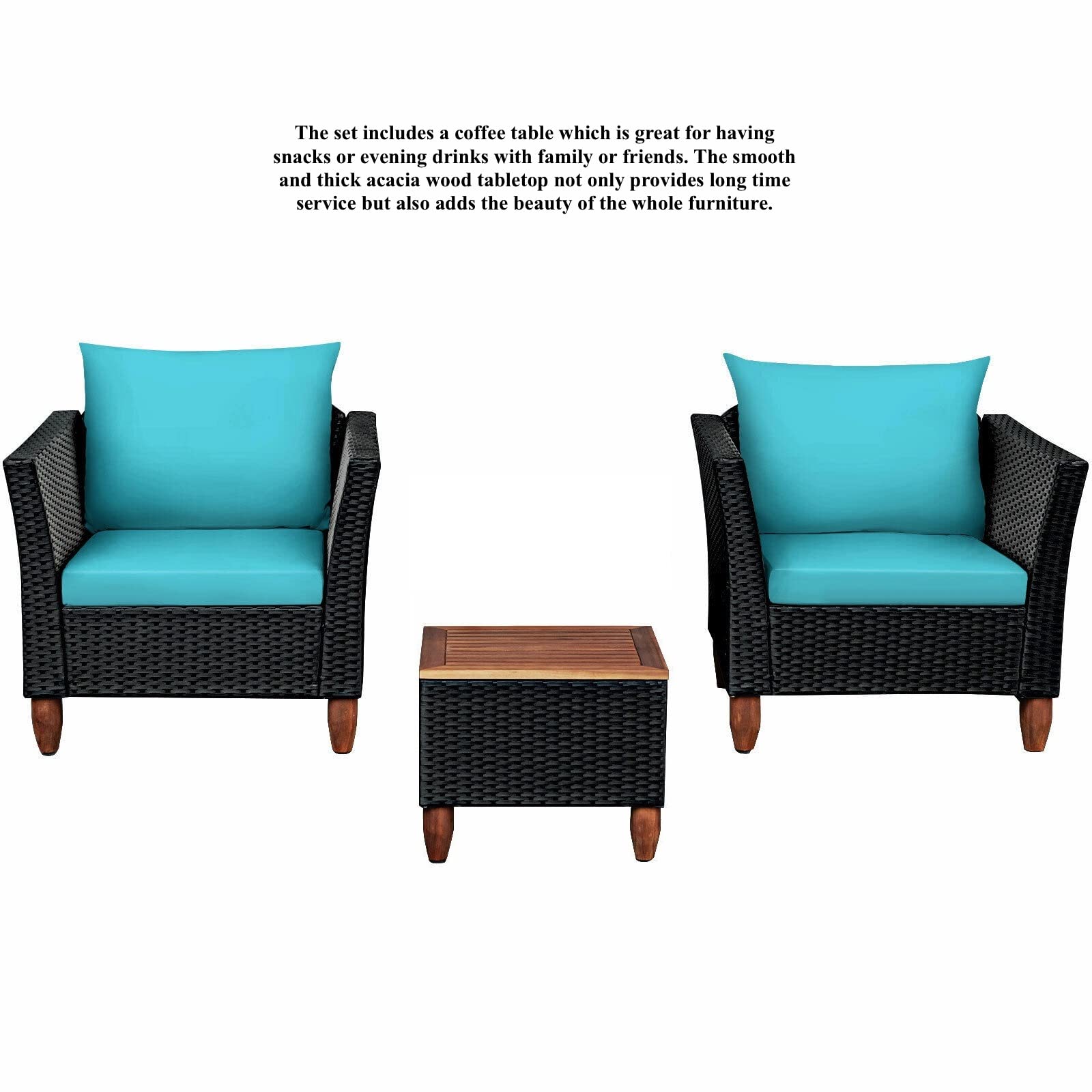 3PCS Outdoor Rattan Bistro Furniture Set - Patio Conversation Set with 2 Single Sofas & Coffee Table - Sturdy Steel Frame & Turquoise Soft Sponge Cushions - Perfect for Backyard, Garden, Balcony, Poolside, and Outdoor Dining