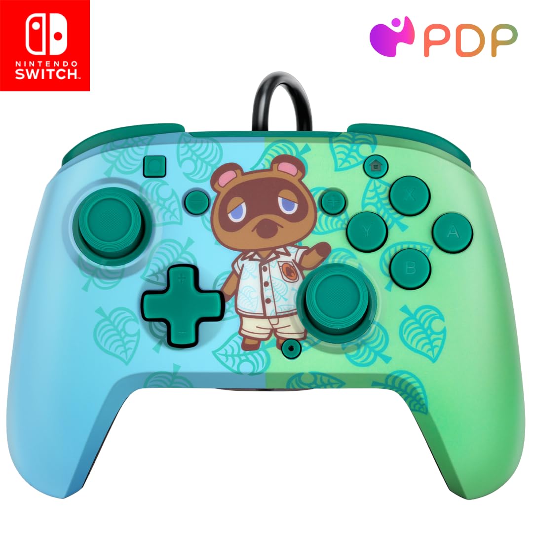 PDP REMATCH Enhanced Wired Nintendo Switch Pro Controller for Switch, Switch Lite & OLED - Animal Crossing Tom Nook Edition (Blue/Green) | Perfect for Gaming, Multiplayer & Competitive Play