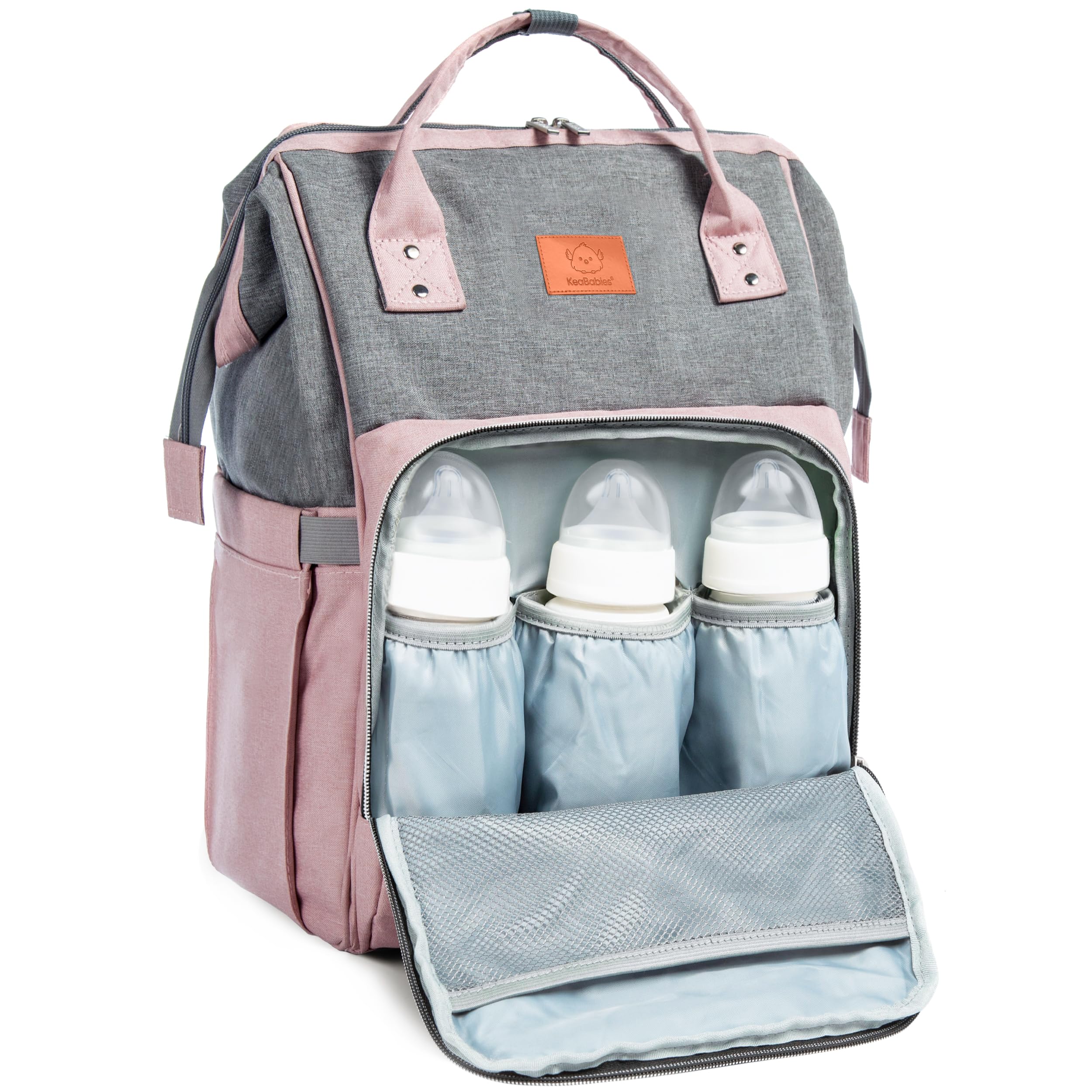 KeaBabies Waterproof Baby Diaper Backpack - Large Multi-Functional Travel Diaper Bag with Changing Pad for Boys & Girls, Durable Parenting Essentials for Moms & Dads (Pink Gray) - Perfect for Daycare, Travel, Outings & Daily Use