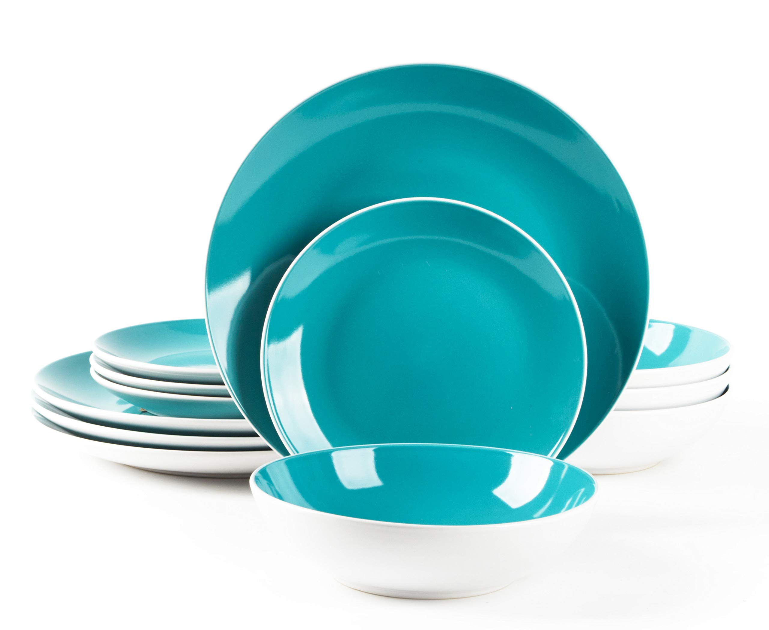 12-Piece Stoneware Coupe Dinnerware Set - White Exterior & Turquoise Interior - Elegant Tableware for Everyday Dining, Dinner Parties & Home Decor