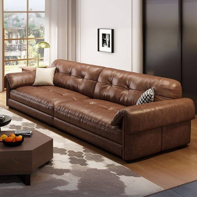 Minimalist Waterproof Auburn Leather Floor Sofa - 3/4 Seater Modern Sectional Couch for Living Room, Lounge & Small Spaces
