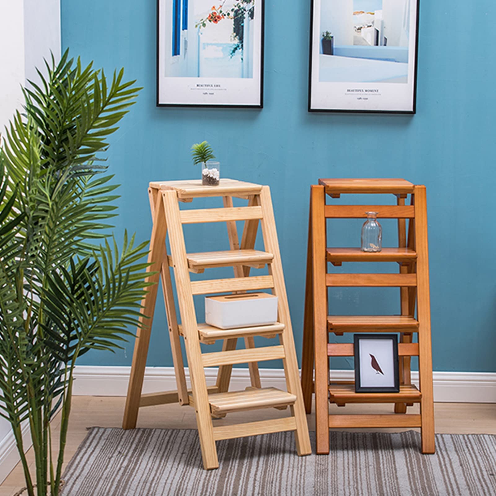 4-Step Solid Wood Step Stool with Handrail - Portable Multifunctional Ladder Shelf for Kitchen, Office, Library - Supports 150kg - Perfect for Reaching High Shelves and Storage Spaces