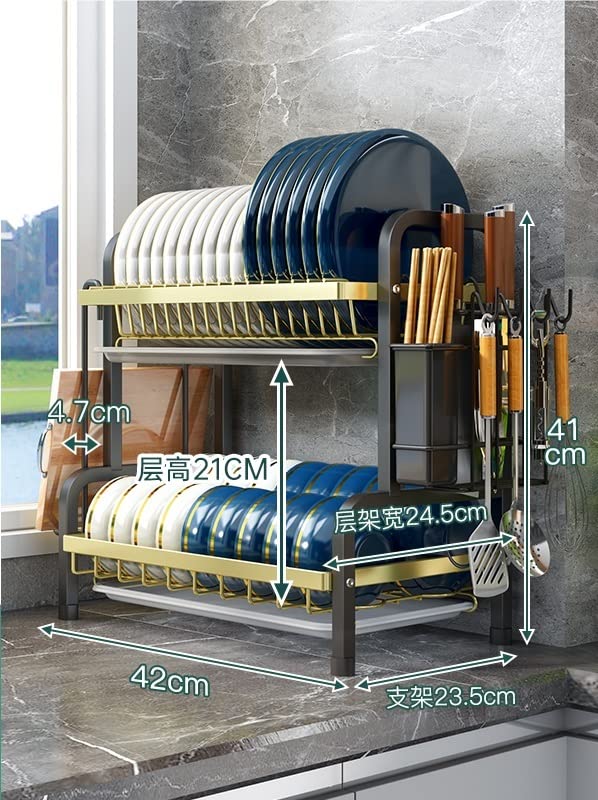 Premium Stainless Steel Kitchen Dish Drying Rack - 42cm Countertop Bowl & Utensil Holder with Drain Tray - Space-Saving Organizer for Dishes, Cups & Cookware - Ideal for Small Kitchens, Apartments & RVs (Color: Black)