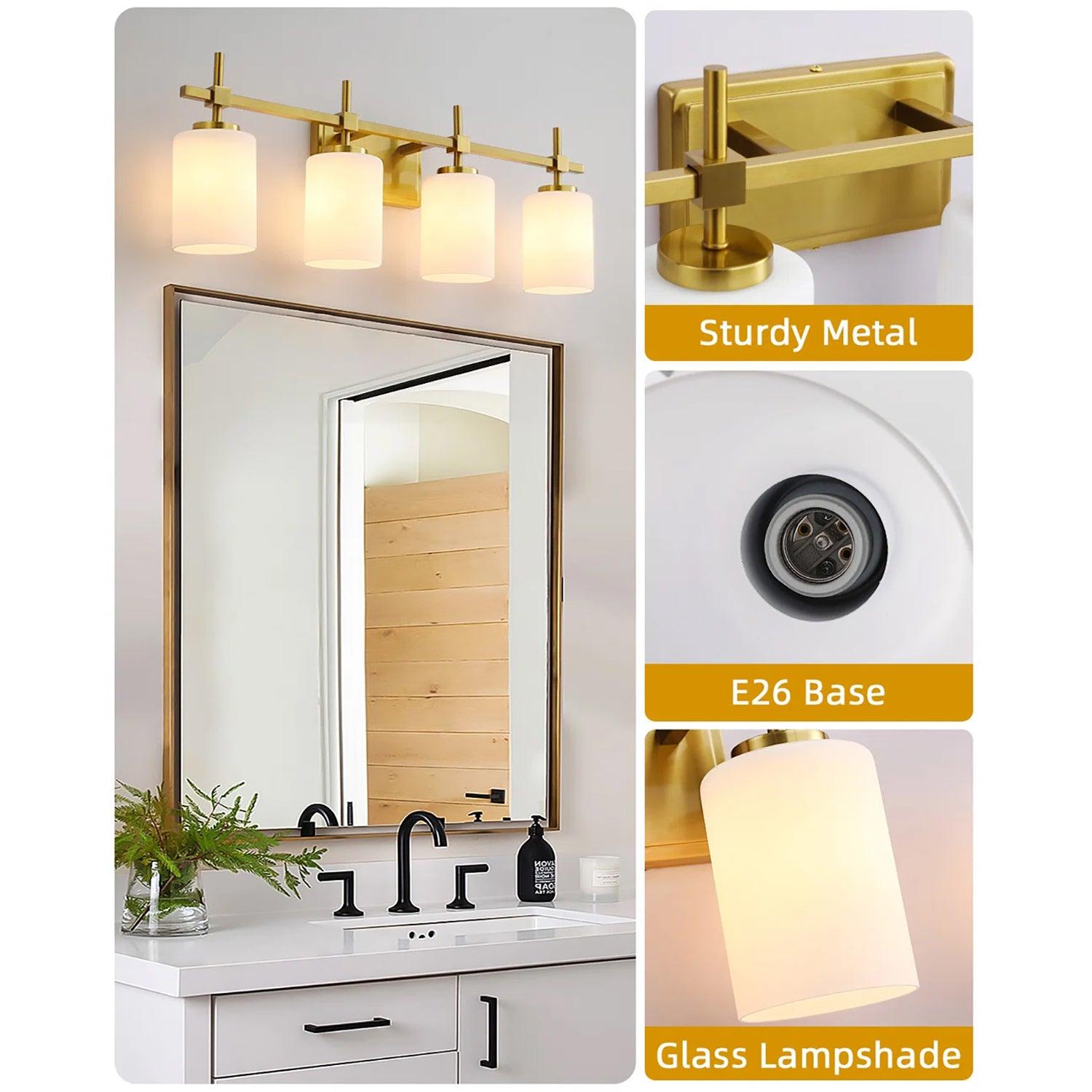 Jasper Gold Modern Frosted Glass 4-Light Bathroom Vanity Light Fixture - Perfect for Bathroom, Powder Room & Dressing Area Lighting