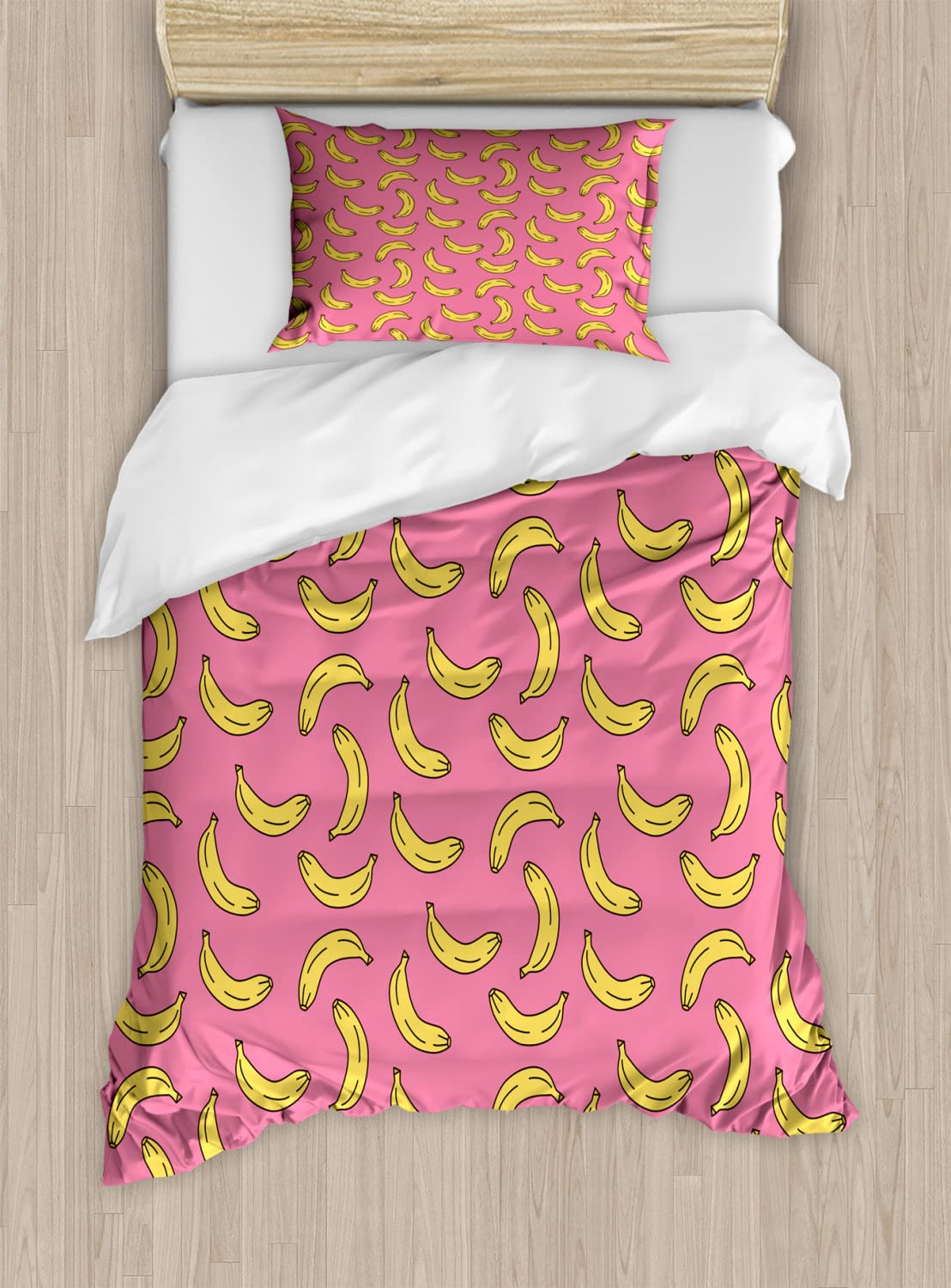 Ambesonne Vegan Duvet Cover Set - King Size 2 Pack with 2 Duvet Covers & 4 Pillowcases, Banana Cartoon Tropical Summer Design in Pink & Yellow | Soft Bedding for Kids Room, Guest Bedroom & Dorm Decor