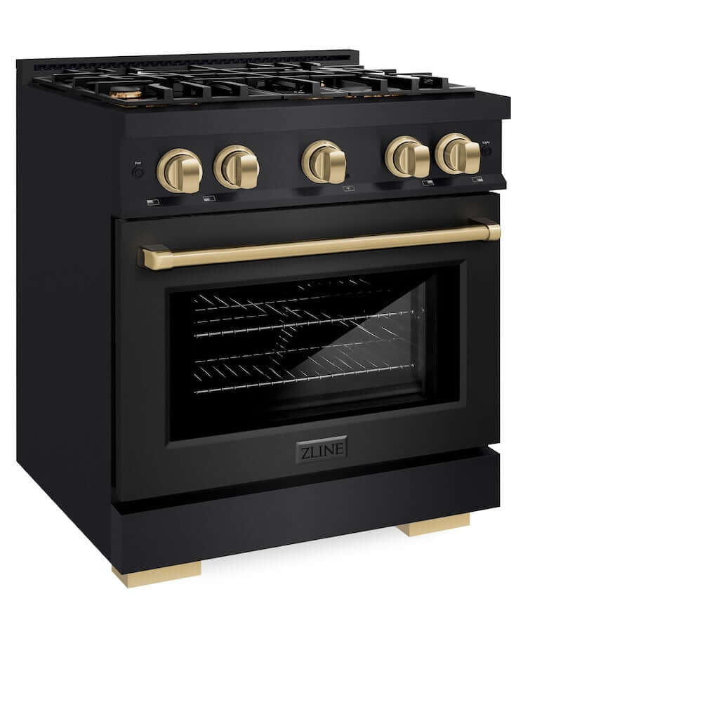 ZLINE Autograph Edition 30-inch 4.2 cu. ft. Dual Fuel Range - 4 Burner Gas Cooktop & Electric Convection Oven - Black Stainless Steel with Champagne Bronze Accents (HDRBZ 30 CB) - Perfect for Modern Kitchens & Professional Cooking