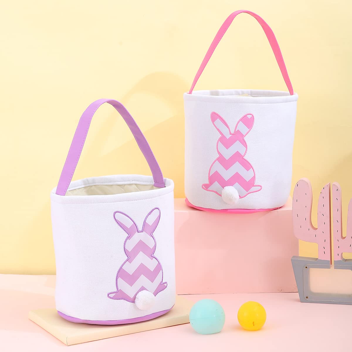 Easter Bunny Basket Bags for Kids - Striped Rabbit Pattern Cotton Canvas Egg Hunt Bag with Fluffy Tail - Personalized Easter Gift Basket for Candy, Eggs & Treats (Purple) - Perfect for Easter Egg Hunts, Party Favors & Spring Celebrations