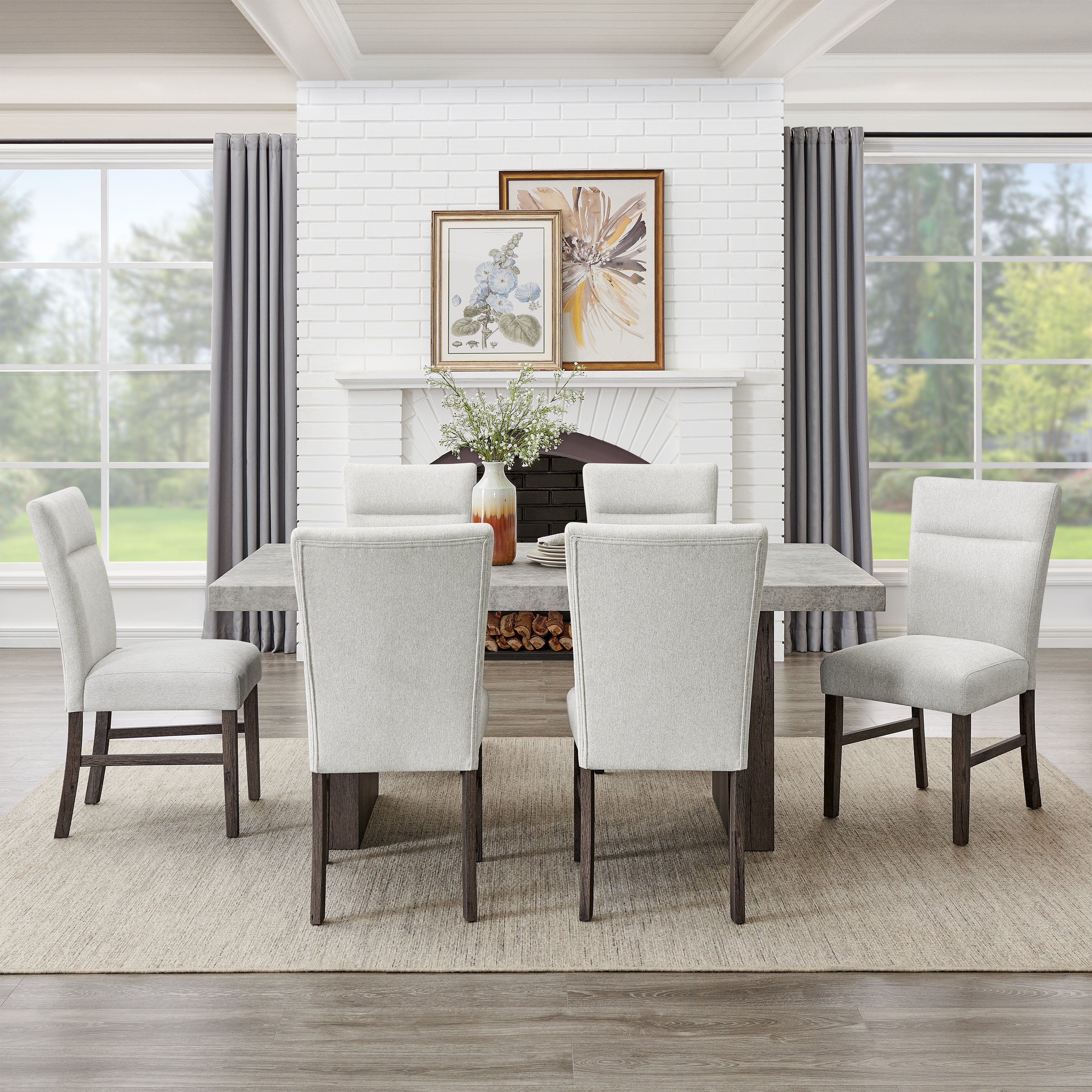 Roundhill Furniture Sorlen Modern 7-Piece Dining Set - 3D Faux Concrete Table with 6 Upholstered Chairs for Kitchen, Dining Room & Outdoor Patio