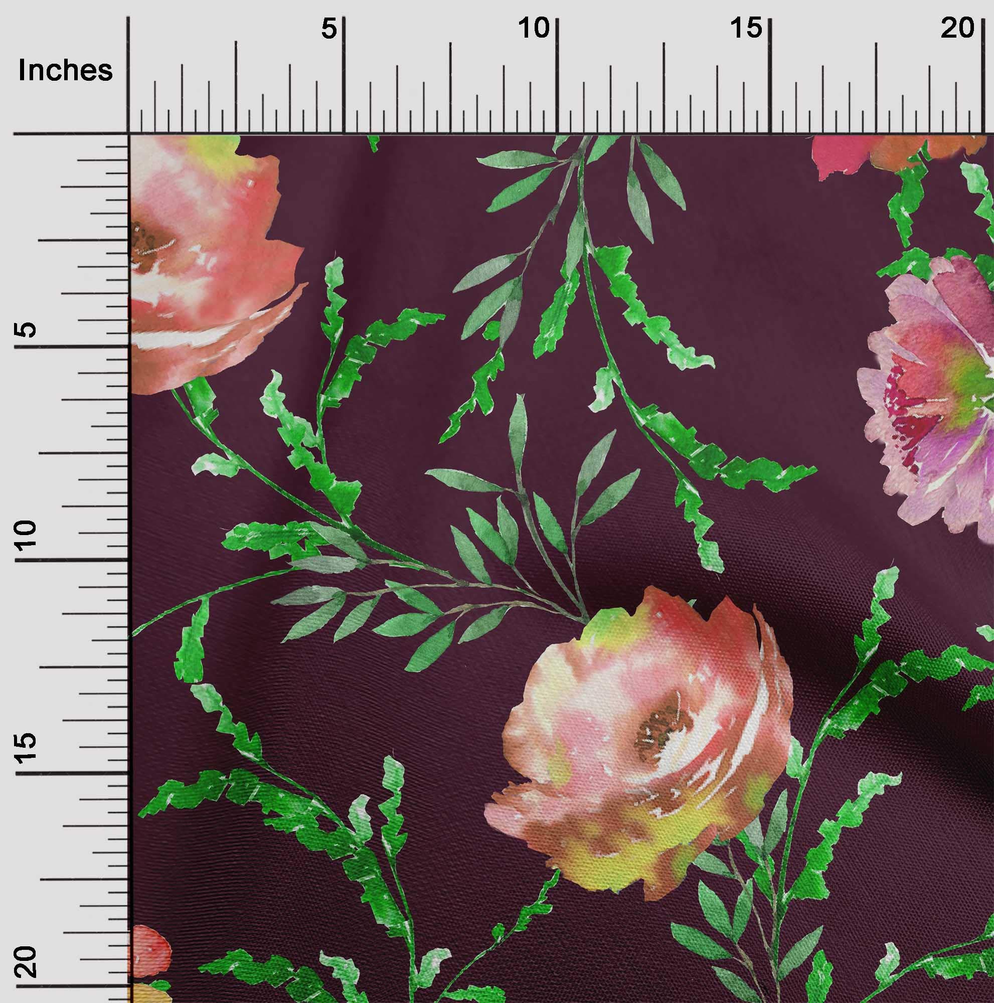 Premium Cotton Poplin Fabric - Watercolor Leaves & Peony Floral Print - 42