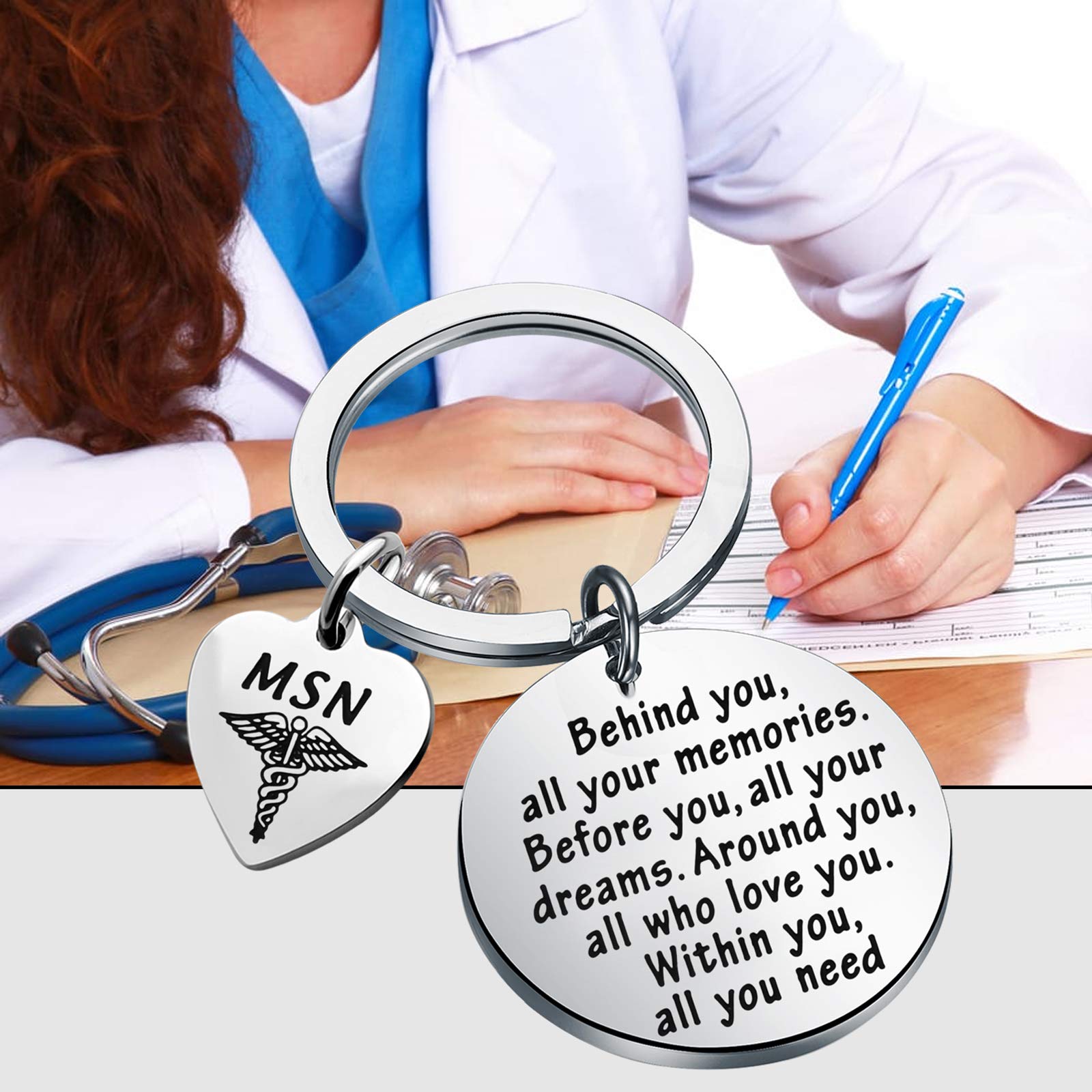 FEELMEM MSN Keychain - Master of Science in Nursing Graduation Gift for Nurses - Personalized Behind You All Your Memories Charm - Perfect for Nurse Graduation, Birthday & Appreciation Gifts