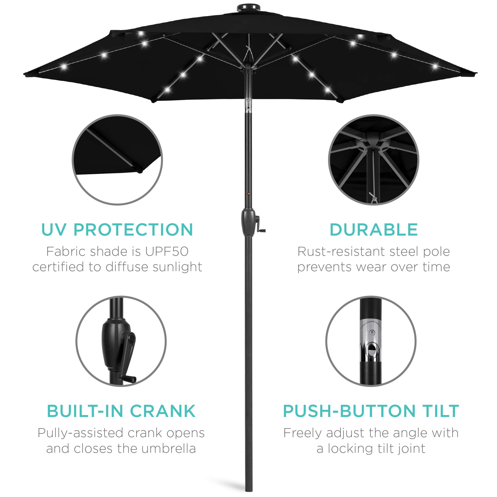 Best Choice Products 7.5ft Outdoor Solar Powered LED Patio Umbrella with Tilt & Crank - Perfect for Poolside, Deck, Garden, and Backyard Relaxation - Black