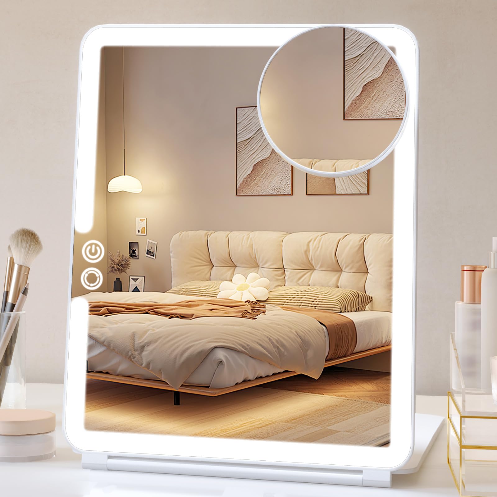 FUNTOUCH 1800mAh Rechargeable Travel Makeup Mirror with LED Lights - 10x7.5 Inch Portable Lighted Vanity Mirror, 3 Color Modes & Adjustable Brightness, Folding Design with 10X Magnifier - Perfect for Home, Travel, and Professional Makeup Artists