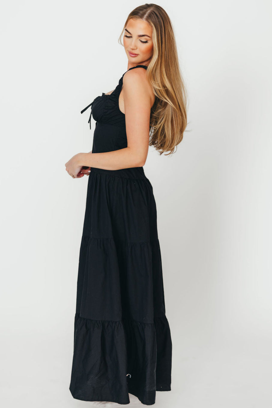 Sutton Corset Button Down Tiered Maxi Dress for Women - Elegant Black Long Dress with Flowy Skirt | Perfect for Weddings, Parties & Special Occasions
