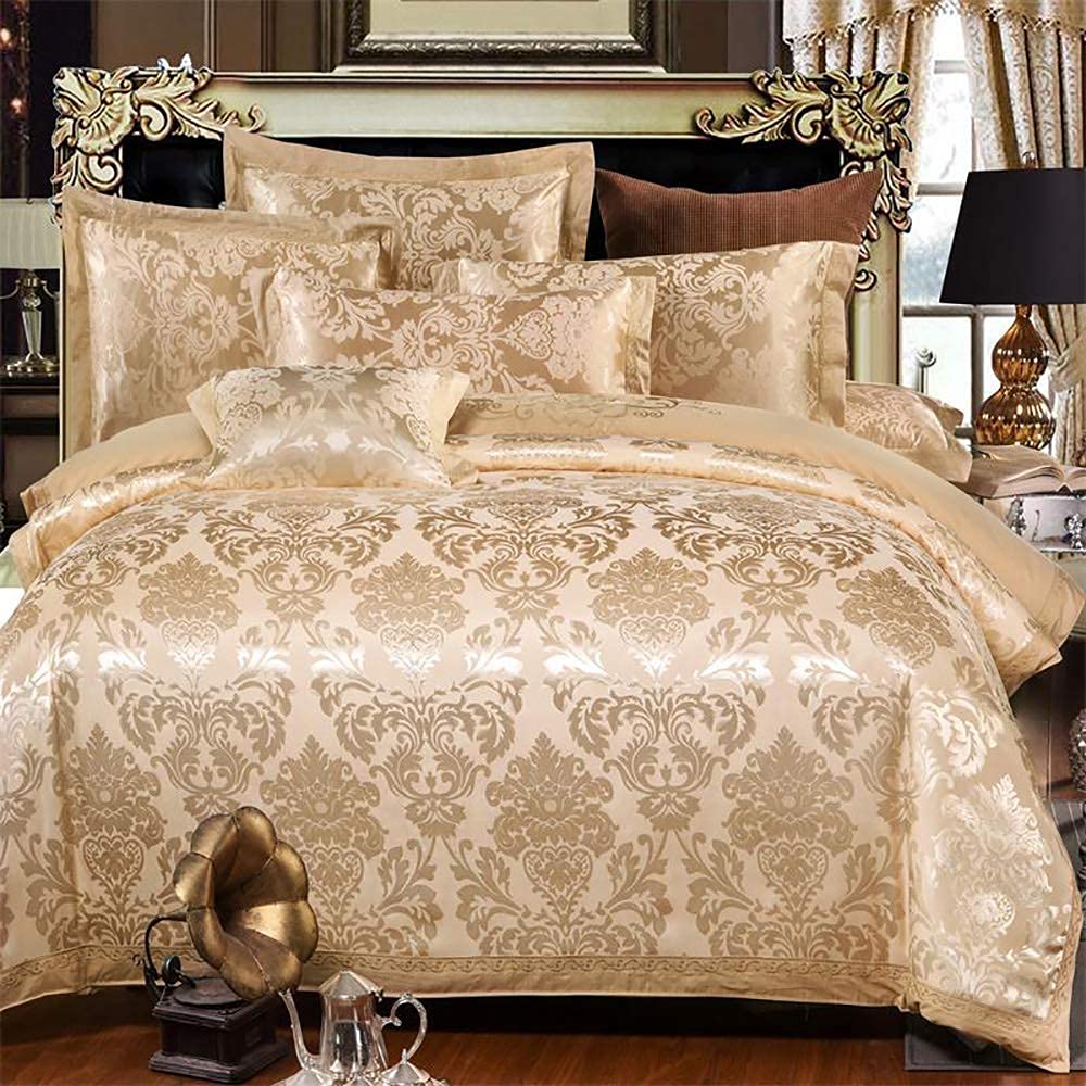 King Size Cotton Duvet Cover Set - White & Gold Satin Jacquard for Bedroom Luxury