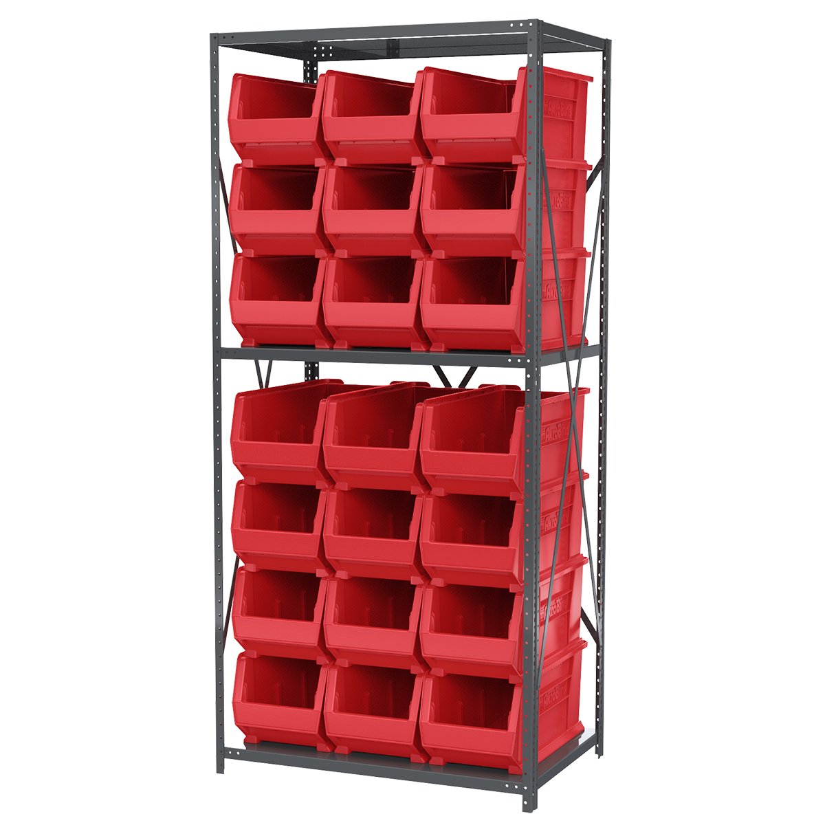 24x36x79 Inch Heavy Duty Steel Shelving Unit with 3 Adjustable Shelves & 24 Red Super-Size AkroBins - Grey Powder Coated for Garage Storage, Warehouse Organization & Industrial Shelving Solutions