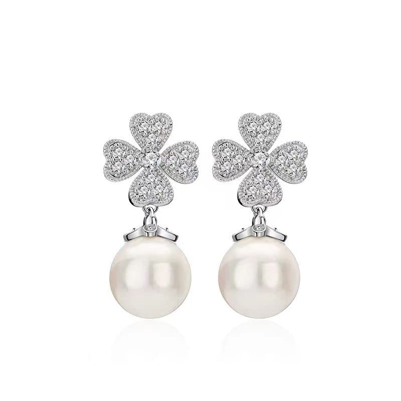 Lucky Four-Leaf Clover Pearl Earrings for Women - Sterling Silver Elegant Dangle Earrings - Perfect for Weddings, Parties & Everyday Wear