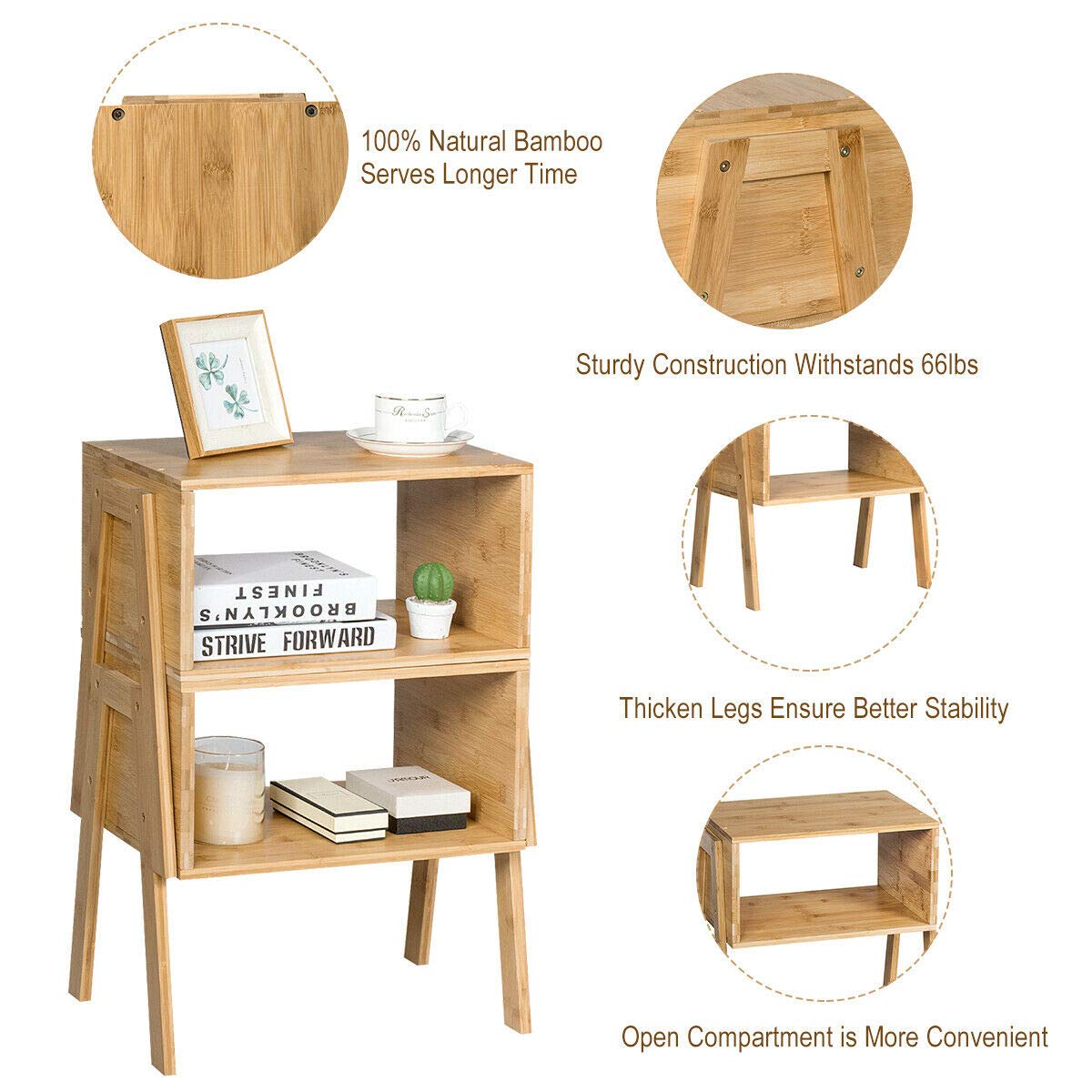 Elegant Bamboo Nightstand with Storage Shelf - Stackable Sofa Table & Bedside Table for Living Room, Bedroom, Reception Room - Set of 2 - Perfect for Small Spaces & Apartment Decor
