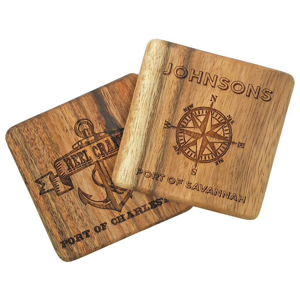 Custom Laser Engraved Walnut Drink Coasters Set of 4 - Personalized Nautical Design for Home Bar, Office & Boat - Unique Gift for Men & Women