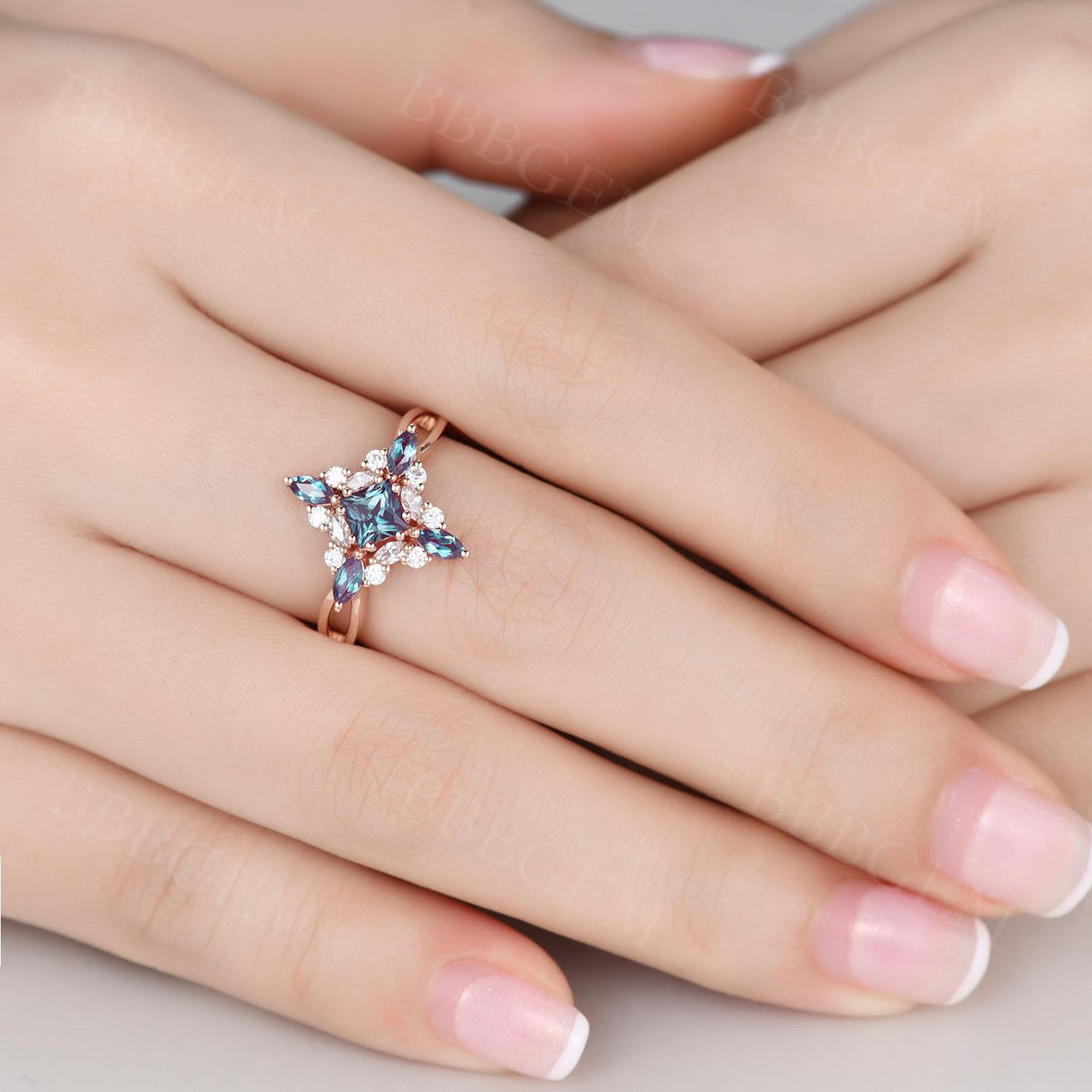 Vintage French Princess Cut Lab Alexandrite Infinity Crossover Ring Cluster Diamond - Elegant Engagement, Wedding, Anniversary Jewelry Gift for Women