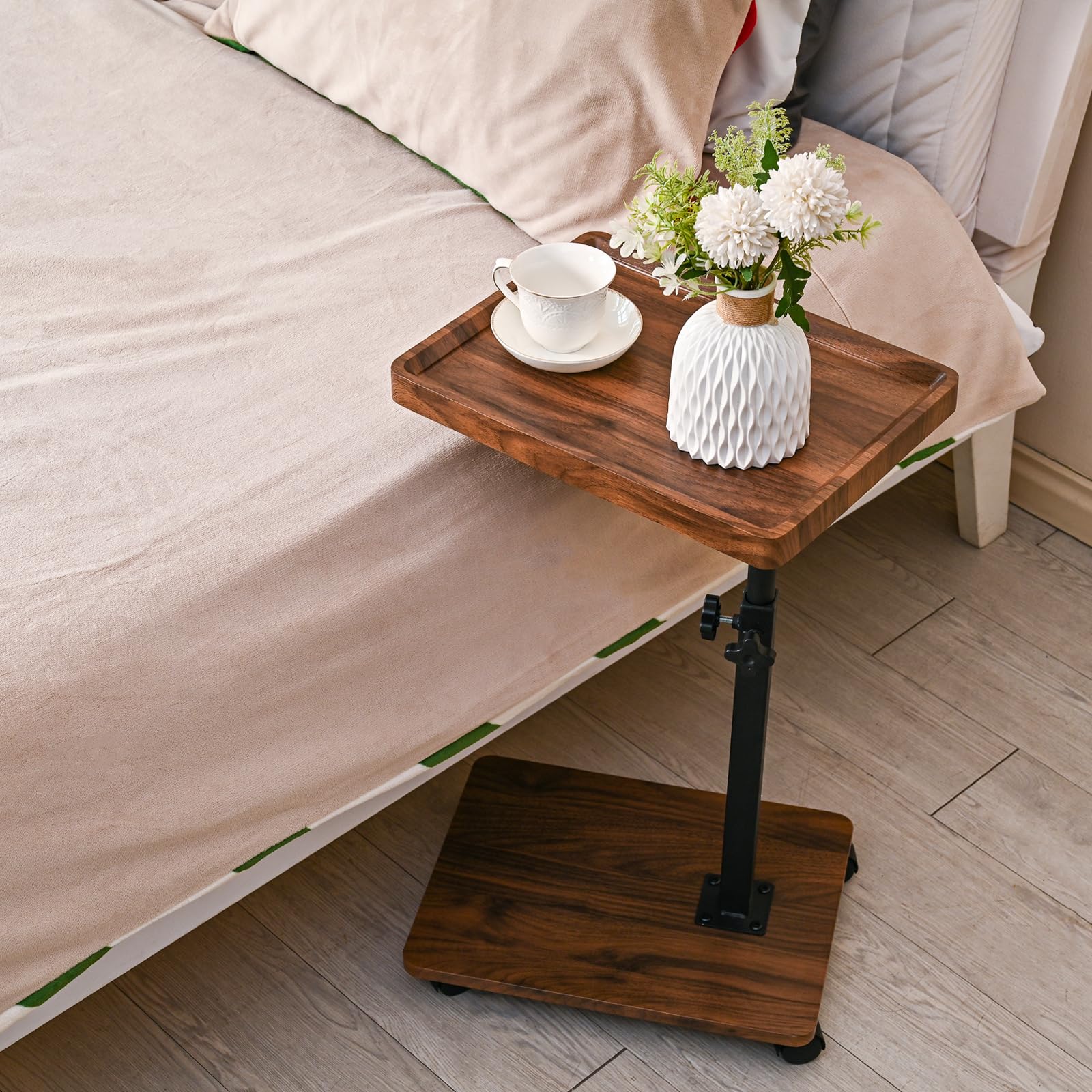 Adjustable Height C-Shaped End Table with 360° Swivel - Walnut Color Side Table for Couch, Bed, Chair & Bathtub - Perfect for Snacks, TV Trays & Sliding Under Furniture