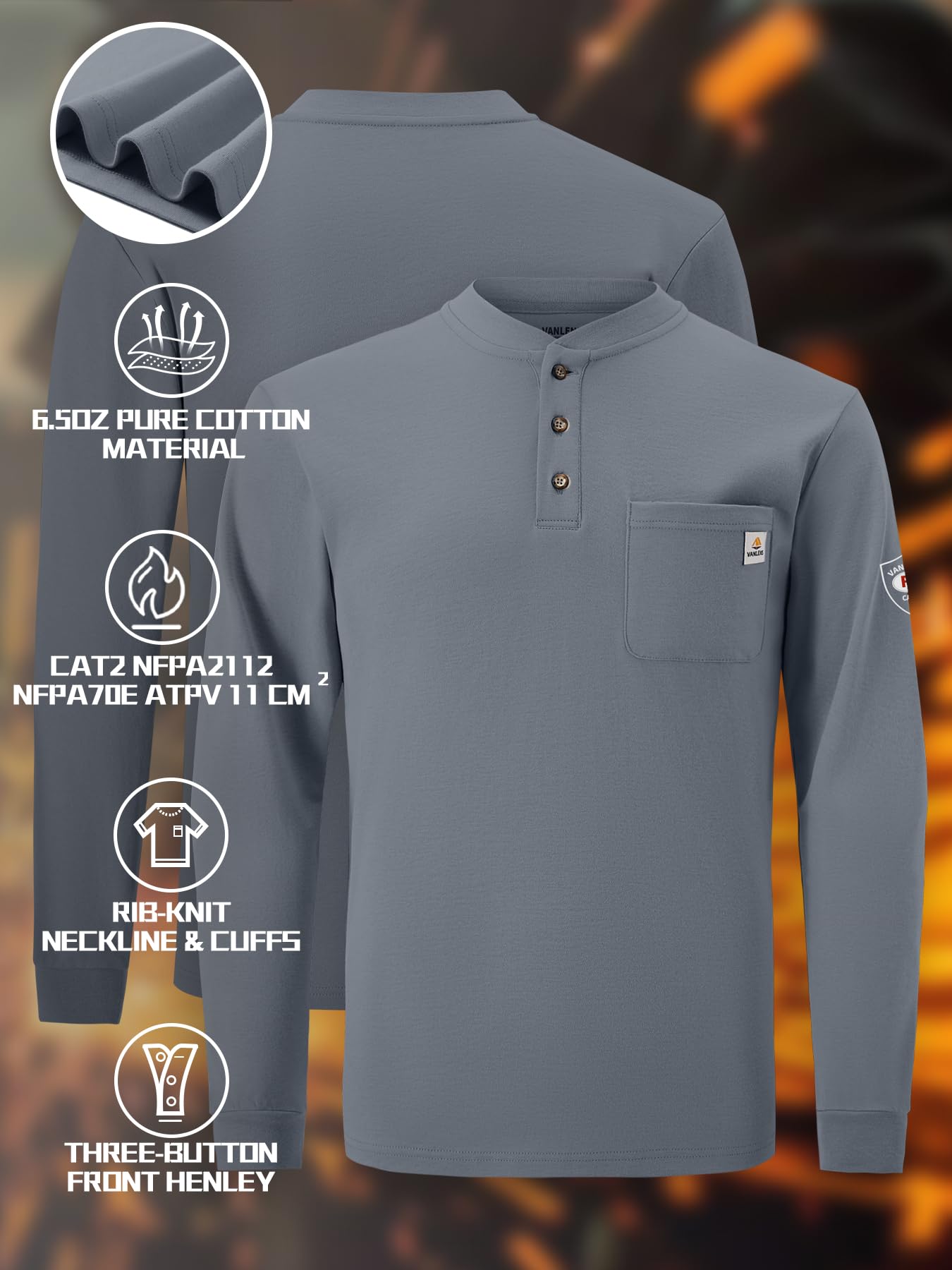 Flame Resistant Men's Long Sleeve Henley Shirt - 6.5oz Lightweight FR Clothing CAT2 NFPA2112 Certified - Ideal for Industrial Work, Welding & Fire Hazard Environments