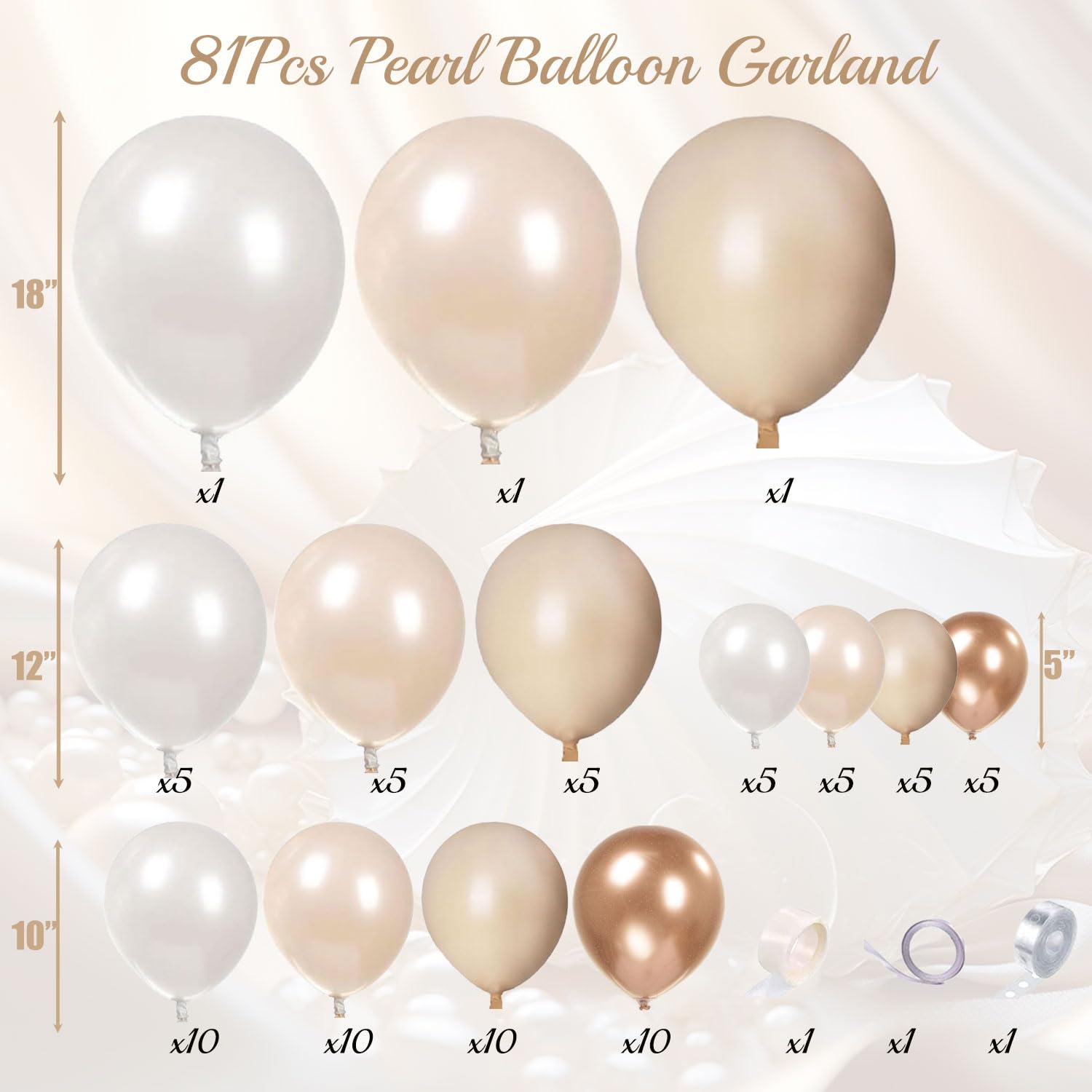 Pearl White & Champagne Metallic Balloon Arch Kit - Double Stuffed Balloon Garland for Boho Wedding, Baby Shower, Bridal Backdrop Decor - Neutral Nude, Cream, Apricot, Coffee & Sand Balloons for Party Decorations