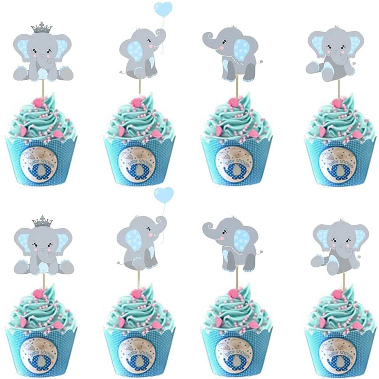 48Pcs Blue Elephant Cupcake Toppers for Baby Shower & Birthday Party Decorations - Double Sided Boy Baby Shower Supplies - Perfect for Baby Boy Theme Parties, Gender Reveals & 1st Birthday Celebrations