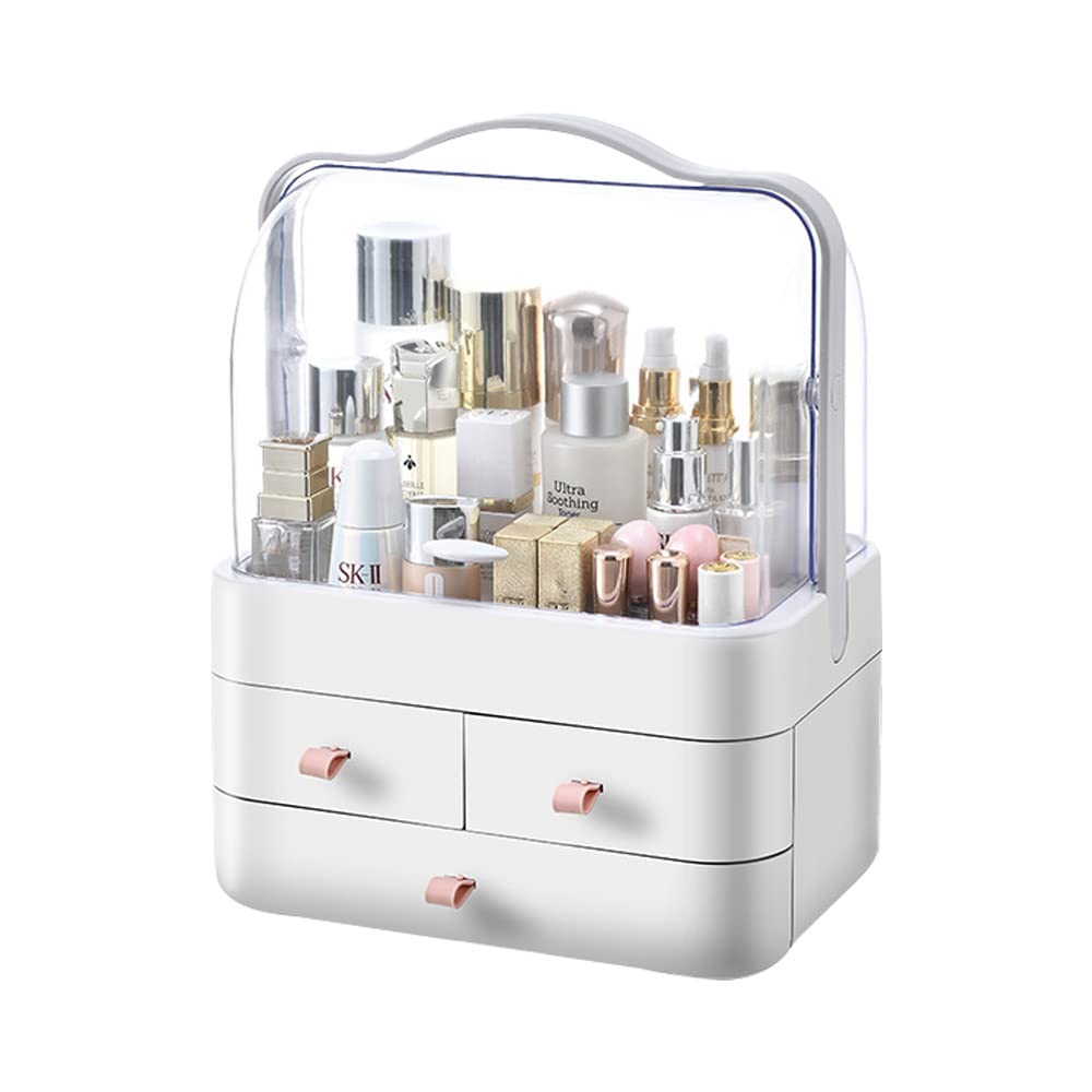 Makeup Organizer - Dustproof Cosmetic Storage Box with Portable Handle & Waterproof Lid for Bathroom, Bedroom, Vanity | Travel-Friendly Beauty Case for Makeup Brushes, Lipsticks & Skincare Products (White)
