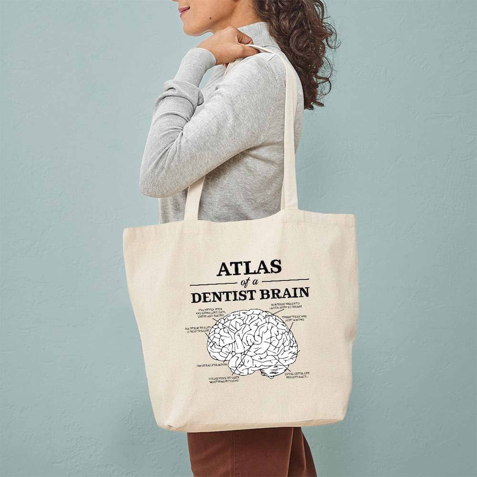 Atlas Of A Dentist Brain Tote Bag - Natural Canvas Reusable Shopping Bag for Dentists, Dental Students & Office - Eco-Friendly Grocery & Work Tote
