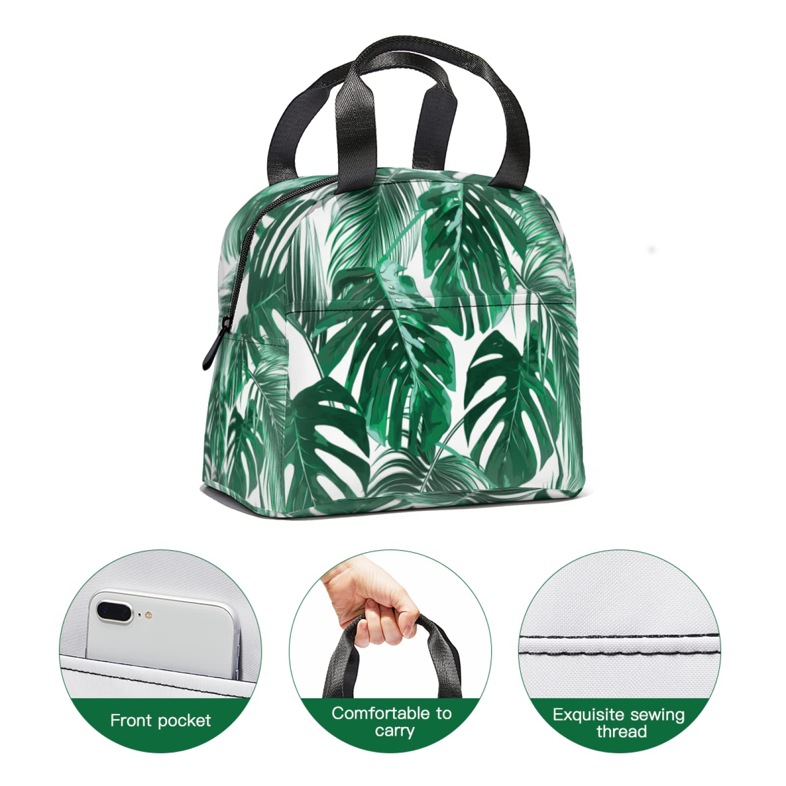 Eco-Friendly Palm Leaf Print Insulated Lunch Tote Bag - Reusable Thermal Lunch Box with Front Pocket for Women & Men | Perfect for School, Office, Picnic & Beach Outings