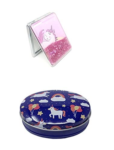 Gomerrykids Unicorn Makeup Mirror & Compact Mirror Set with Metal Tin Case - Perfect Gift for Girls, Birthday Party Favors, Travel & Vanity Decor
