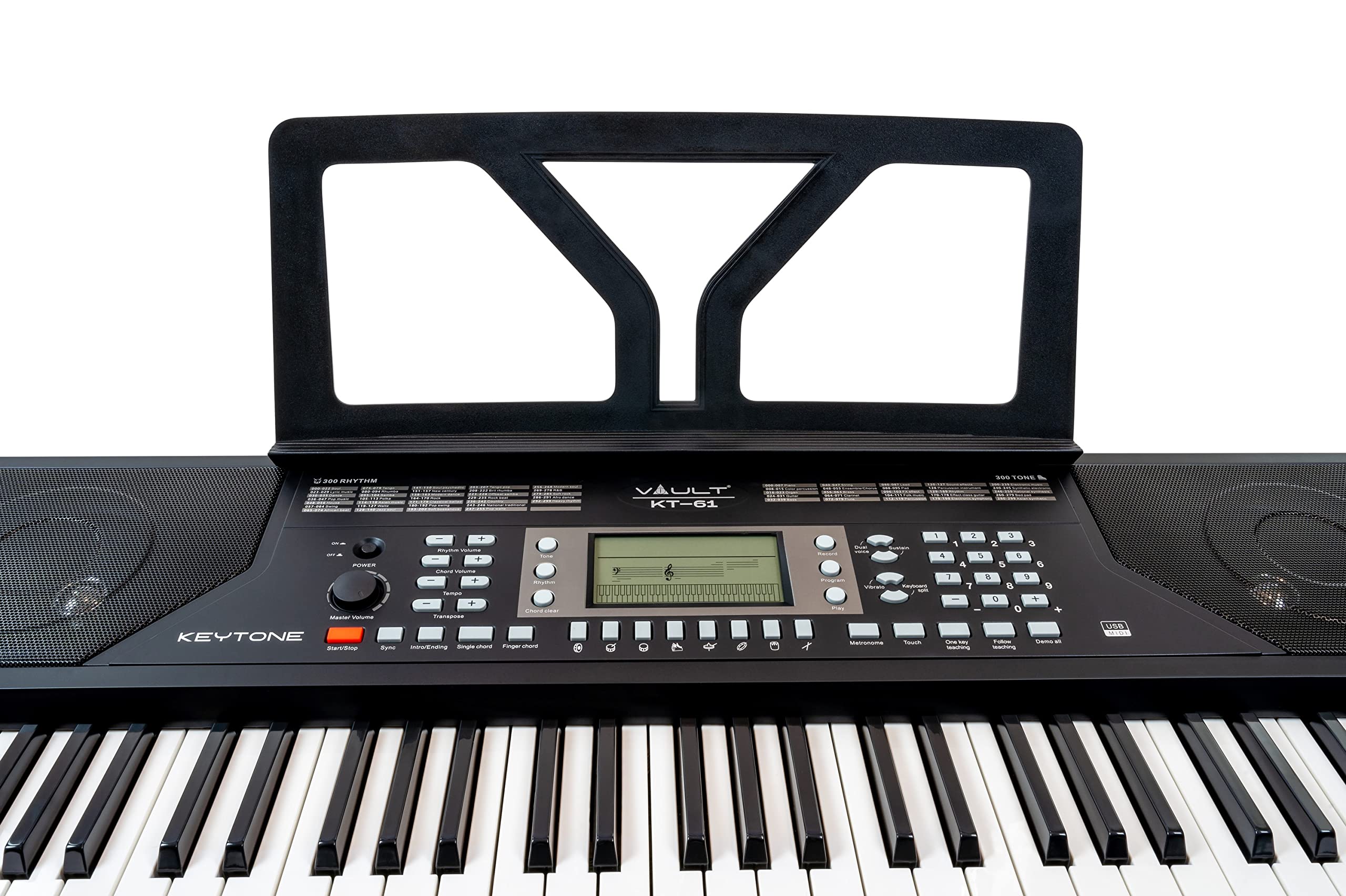 Vault KT-61 Touch Sensitive 61-Key Electronic Keyboard with Adjustable Stand - Black | Beginner Piano Keyboard Bundle Includes Keyboard Stickers, Instructional DVD & Polishing Cloth | Perfect for Home Practice, Music Lessons & Studio Recording
