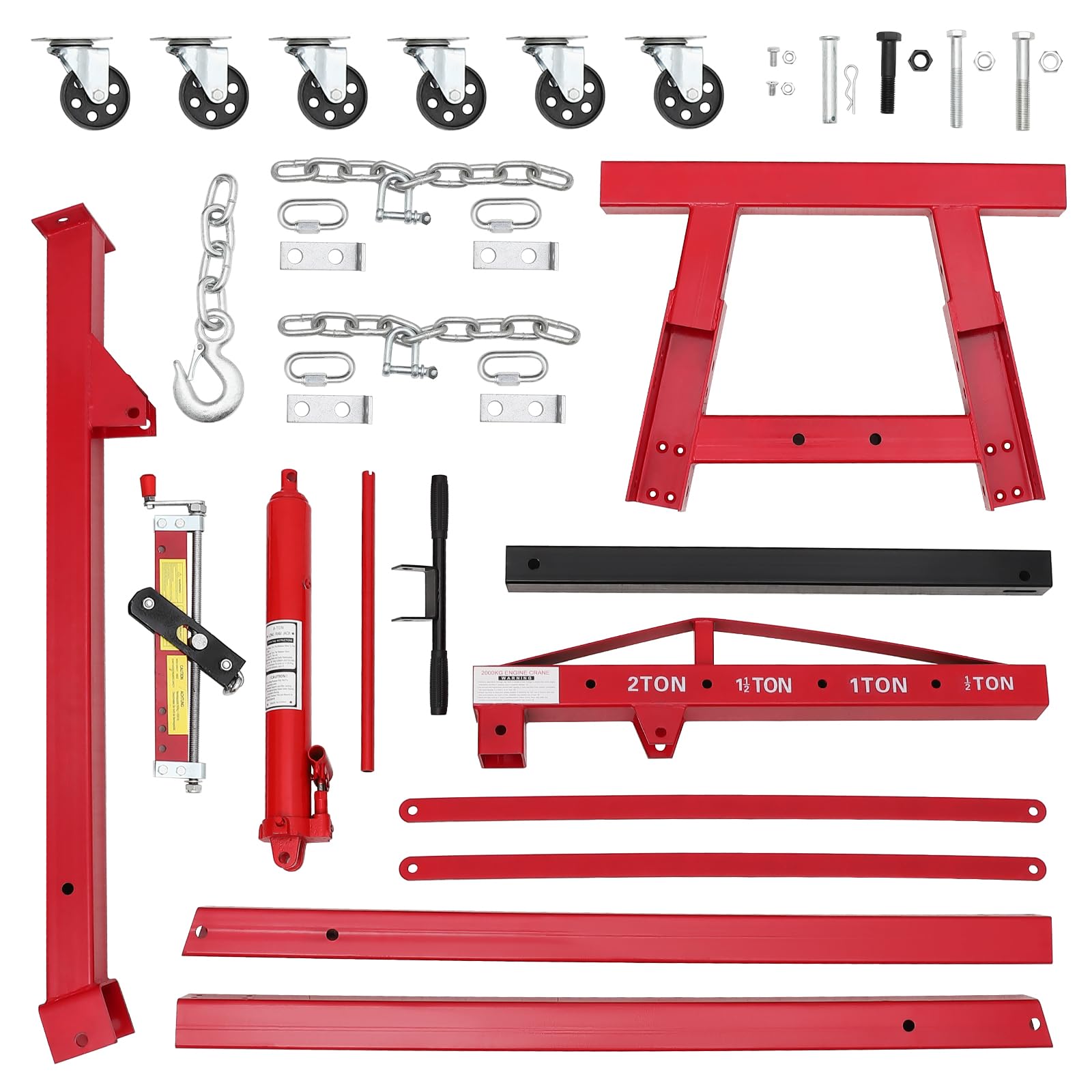 GARVEE 2 Ton Folding Hydraulic Engine Hoist with Lever - Heavy Duty Shop Crane Lift, 6-Wheel Cherry Picker for Garage & Workshop (Red) - Perfect for Auto Repair, Engine Removal, and Industrial Maintenance