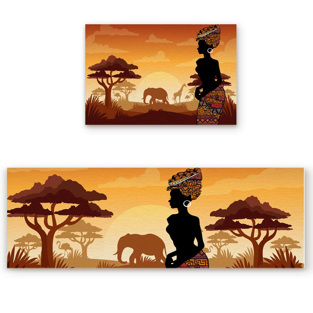Anti-Fatigue Kitchen Floor Mats Set - 2 Pack Non-Slip Waterproof Cushioned Standing Mats for Cooking & Dishwashing - 19.7x31.5in + 19.7x63in African Pattern Kitchen Runner Rugs - Perfect for Home, Restaurant & Salon Use