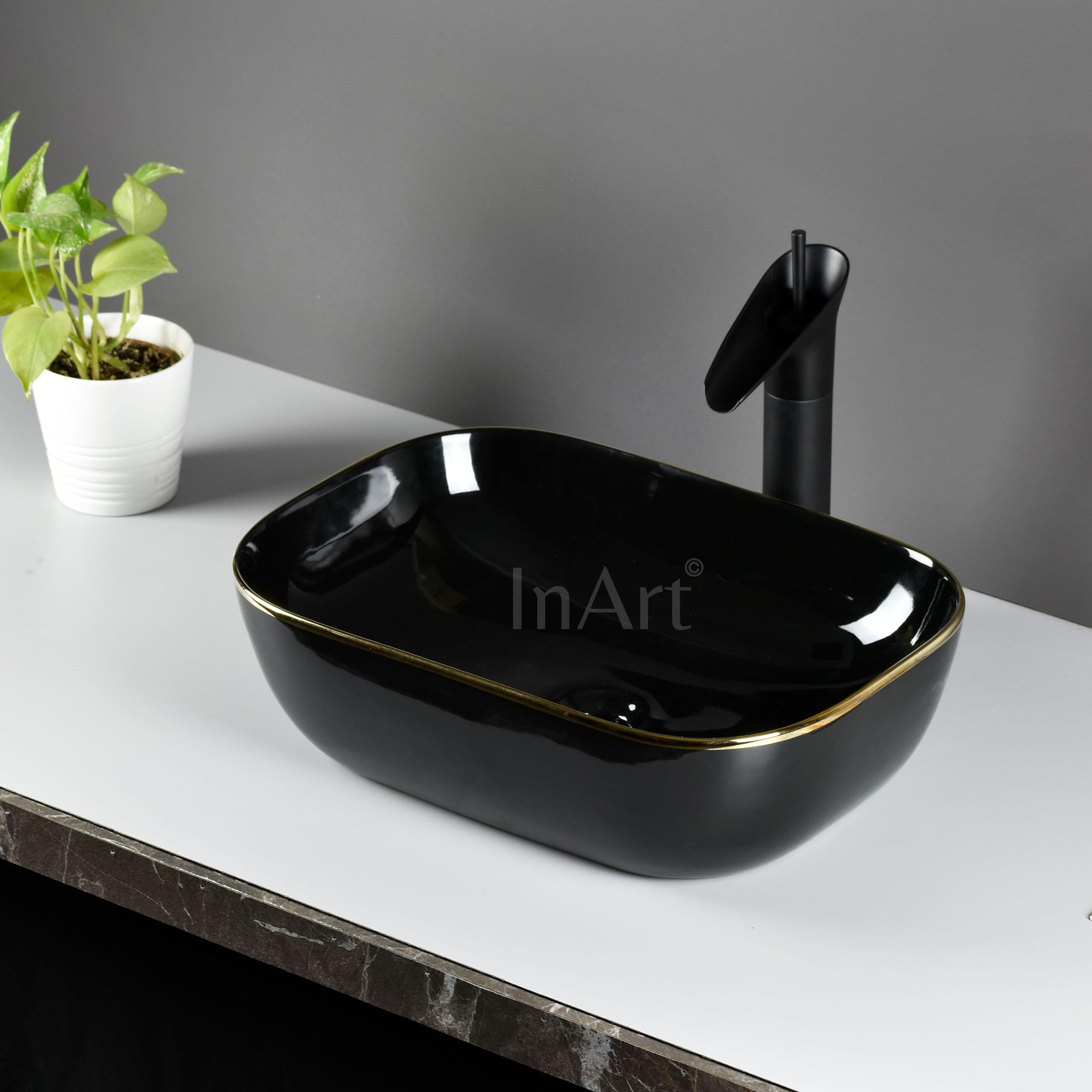 InArt Designer Ceramic Wash Basin - 18x13x5 Inch Glossy Finish Countertop Bathroom Sink - Black Gold - Perfect for Modern Bathrooms, Powder Rooms & Vanity Makeovers