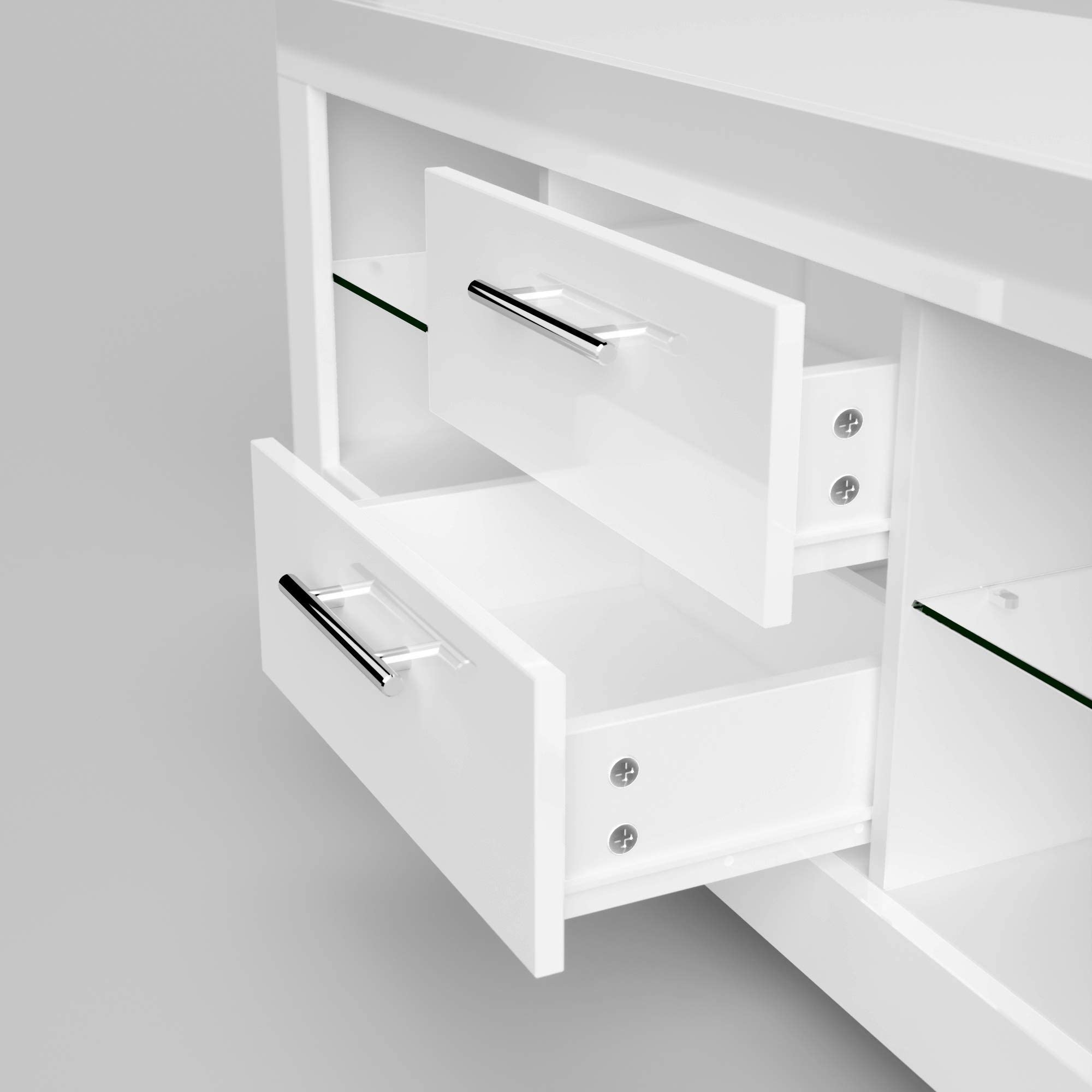 Modern White Glossy 1600mm LED TV Stand with Ambient Lighting - Storage Cabinet for 32-65 Inch 4K TVs - Elegant Living Room & Bedroom Furniture for Home Entertainment Setup