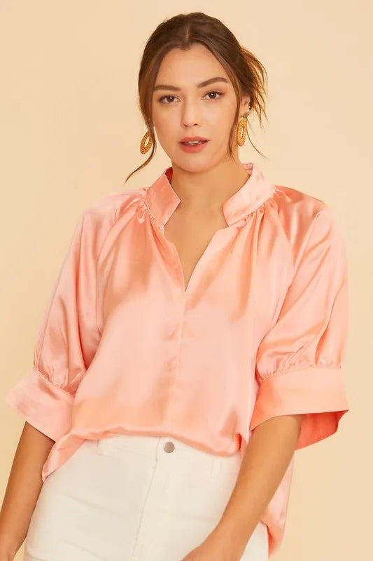 Elegant Satin Rose Resort Blouse for Women - Flowy Vacation Shirt, Boho Chic Beachwear, Summer Party Top - Perfect for Beach Getaways, Tropical Vacations & Evening Dinners