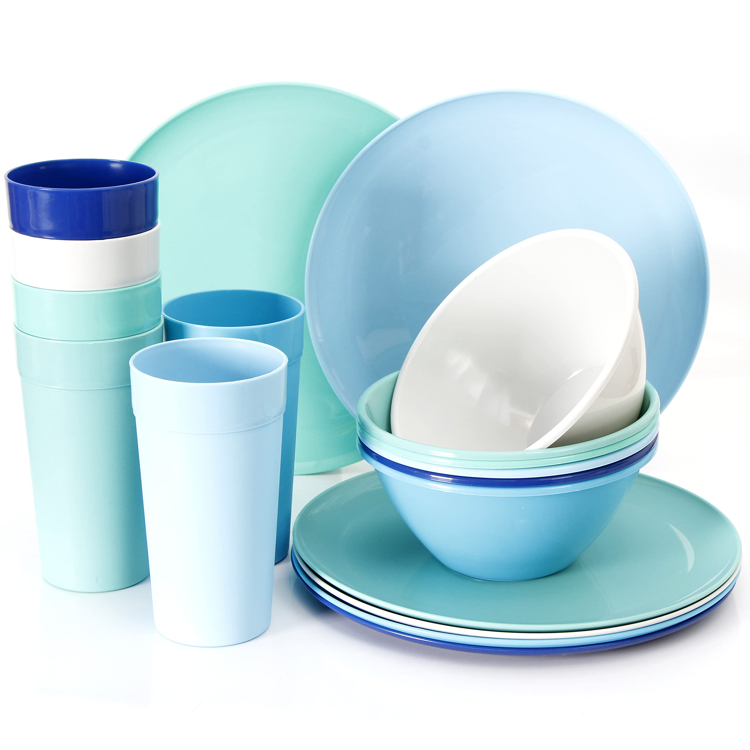 Youngever 18-Piece Plastic Dinnerware Set - 6 Plates, 6 Bowls, 6 Cups in Coastal Colors - Durable BPA-Free Kitchenware for Outdoor Picnics, Camping & Family Gatherings