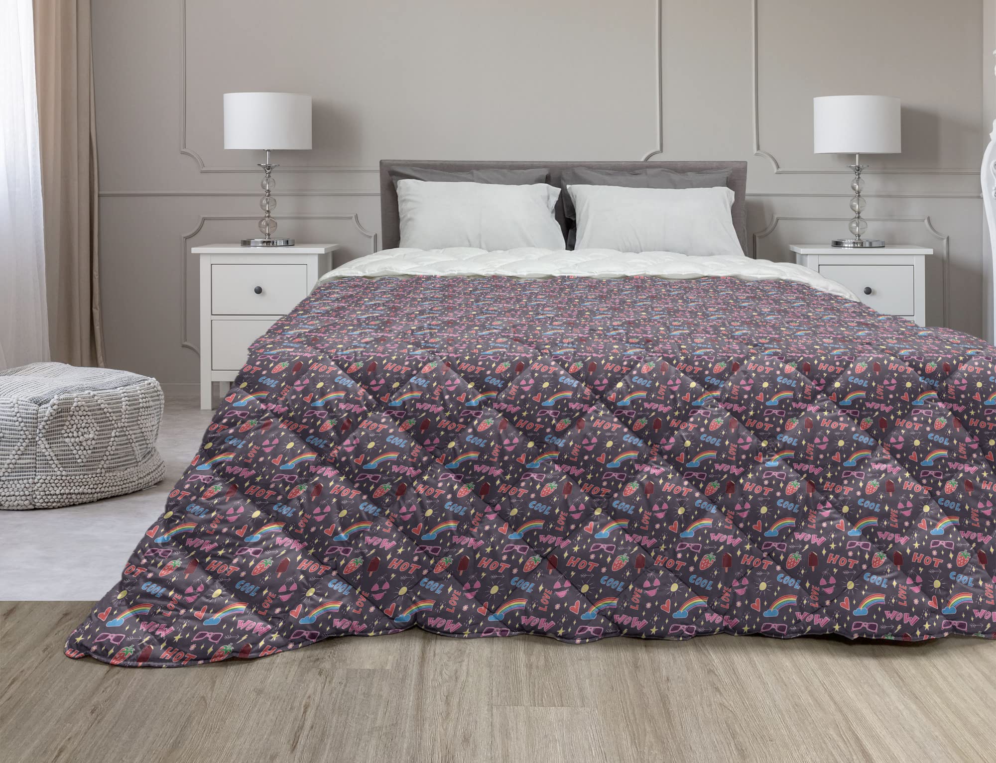 Ambesonne Summer Down Alternative Comforter King Size - Lightweight Microfiber Quilt for All Seasons - Eggplant Purple & Multicolor Rainbow Cloud Print - Perfect for Beach House, Guest Room & Summer Bedding Decor
