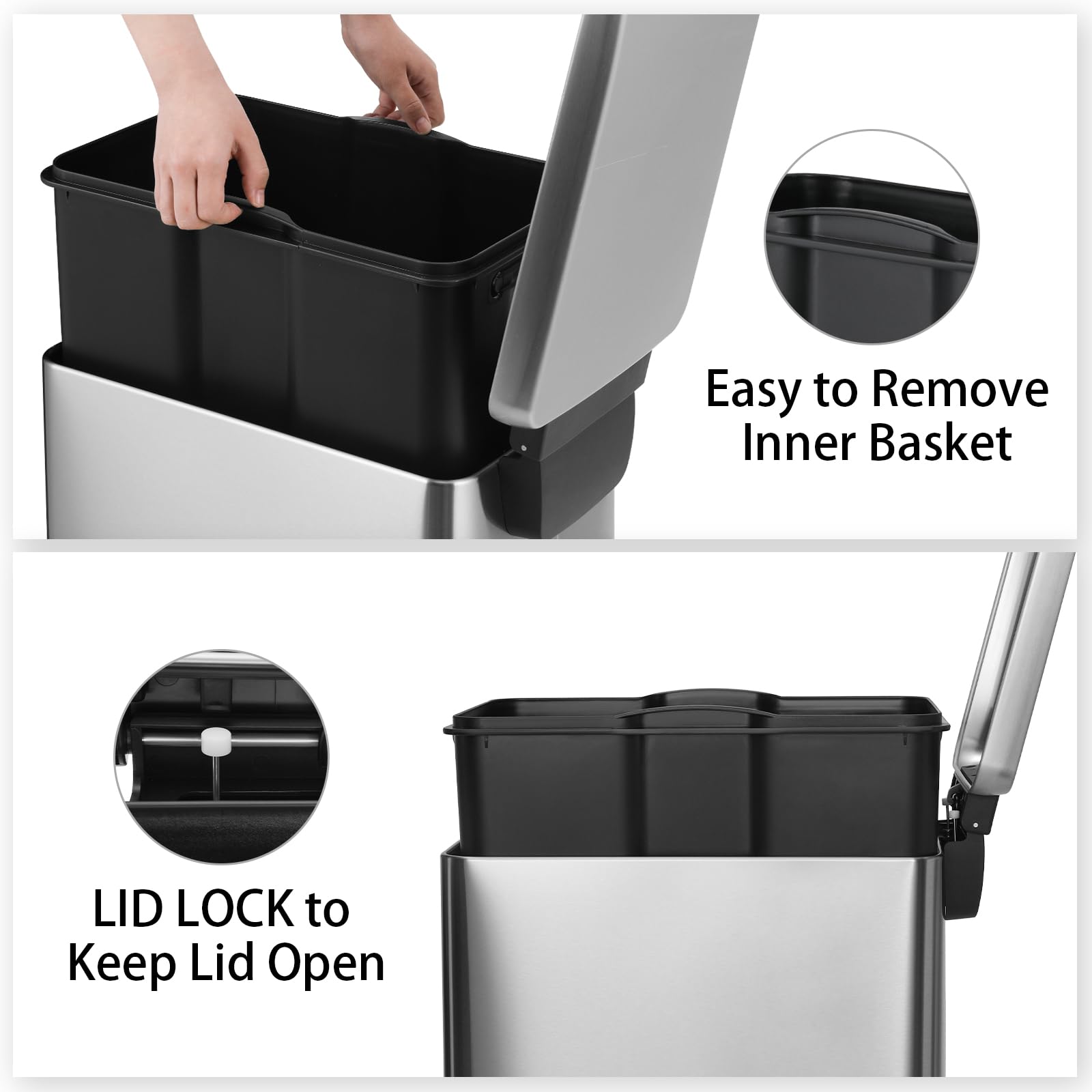 Arlopu 13.2 Gallon (50L) Slim Stainless Steel Kitchen Trash Can with Lid - Step-on Foot Pedal, Airtight Inner Bucket for Odor Control - Perfect for Kitchen, Bathroom & Office Waste Disposal