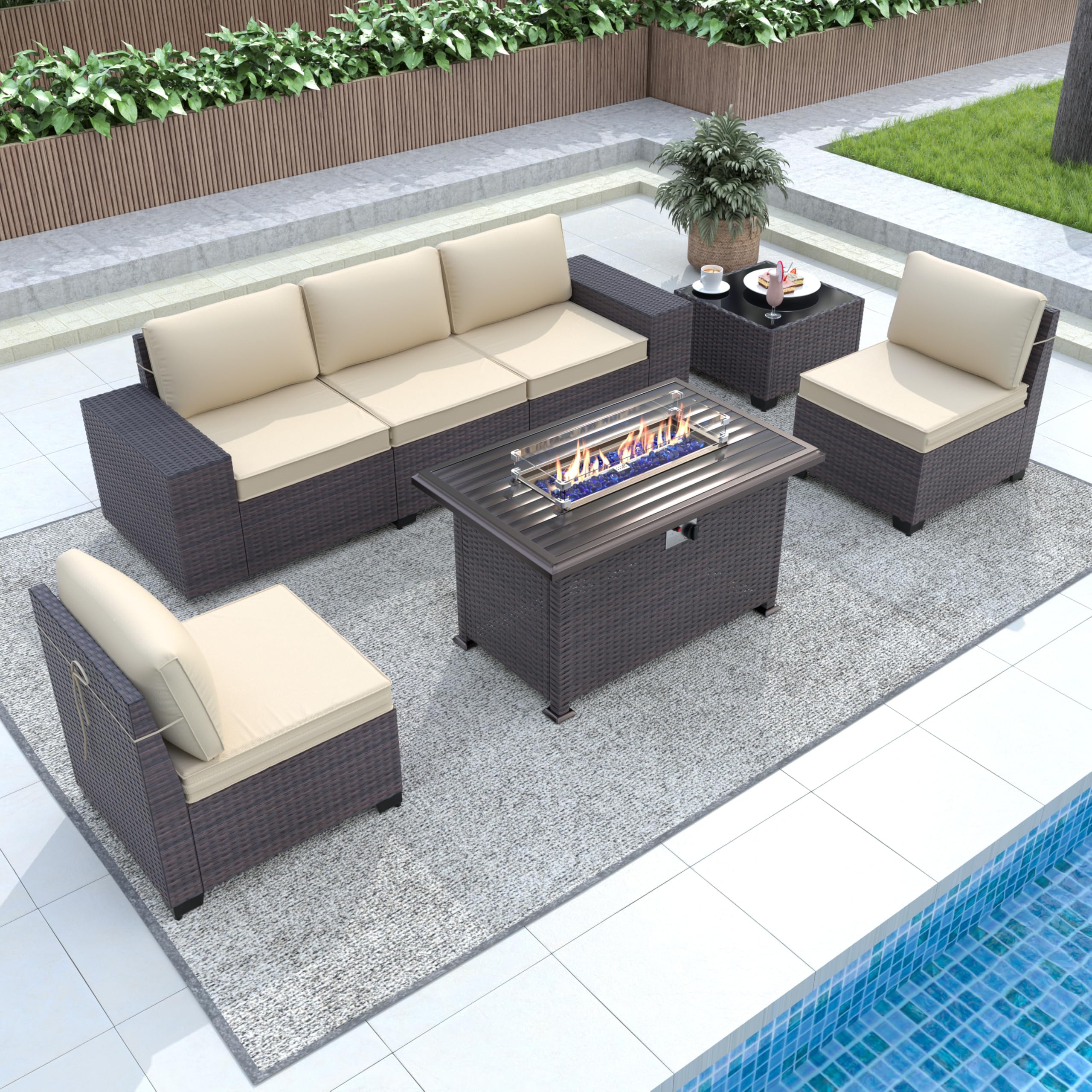 Gotland 7-Piece Outdoor Patio Furniture Set with 43-inch Gas Fire Pit Table - 55,000 BTU Propane Sectional Sofa Set with Auto-Ignition & Glass Wind Guard - Perfect for Backyard, Garden, Poolside & Outdoor Entertaining