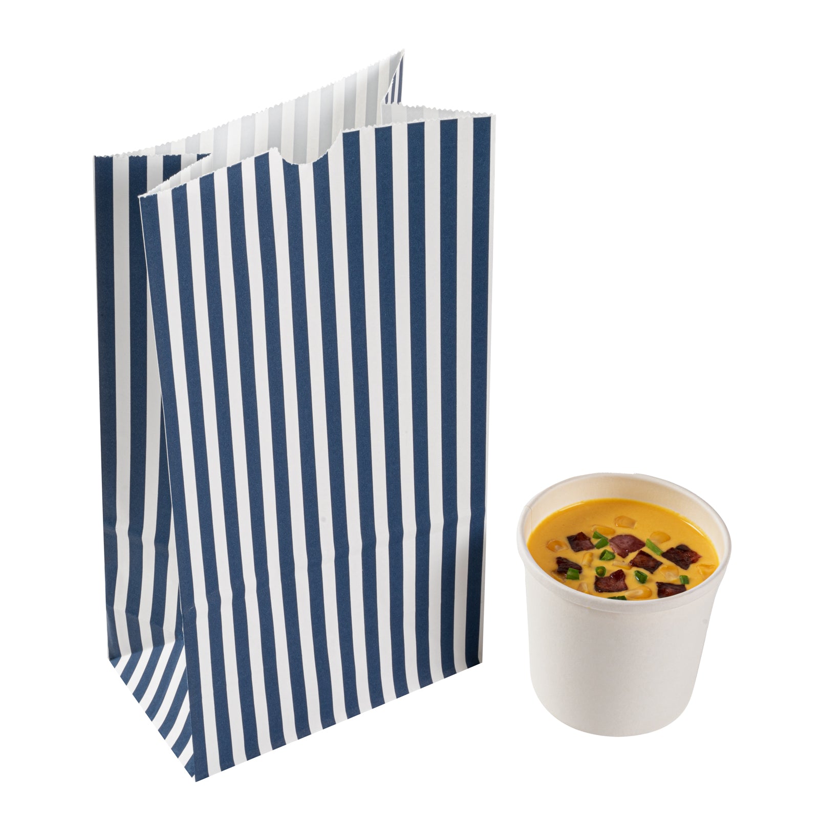 Blue and White Striped Paper Bags - 6 lb Capacity, 6 x 3.5 x 10.75 Inches - Pack of 100 - Perfect for Retail Shopping, Gift Wrapping & Party Favors