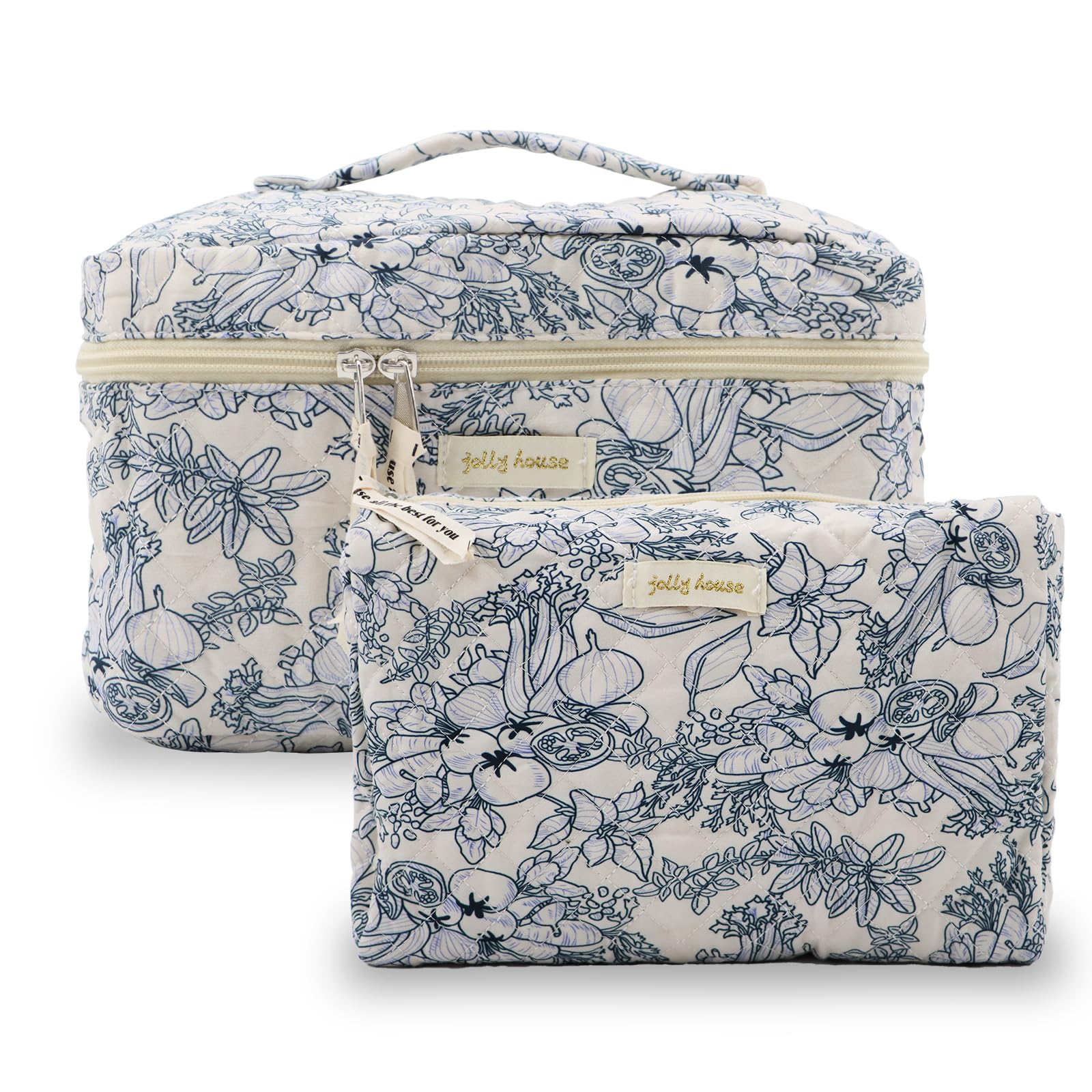 2 Pack Large Cotton Quilted Makeup Bags for Women - Aesthetic Floral Cosmetic Organizer & Kawaii Toiletry Pouch | Perfect for Travel, Gym, and Daily Beauty Essentials Storage